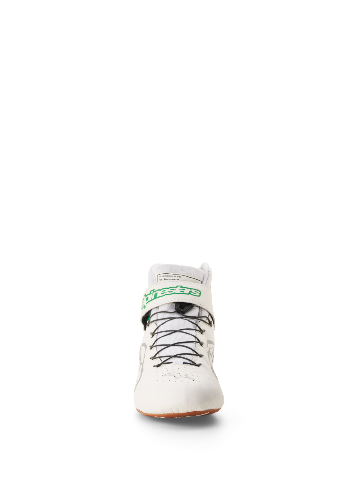 Alpinestars Tech-1 Z V3 Shoes FIA, scarpe da corsa e karting, bianco verde gomma argento, vista frontale con logo Alpinestars verde sul cinturino alla caviglia, sistema di allacciatura rapida nero e suola in gomma naturale, calzature professionali per motorsport