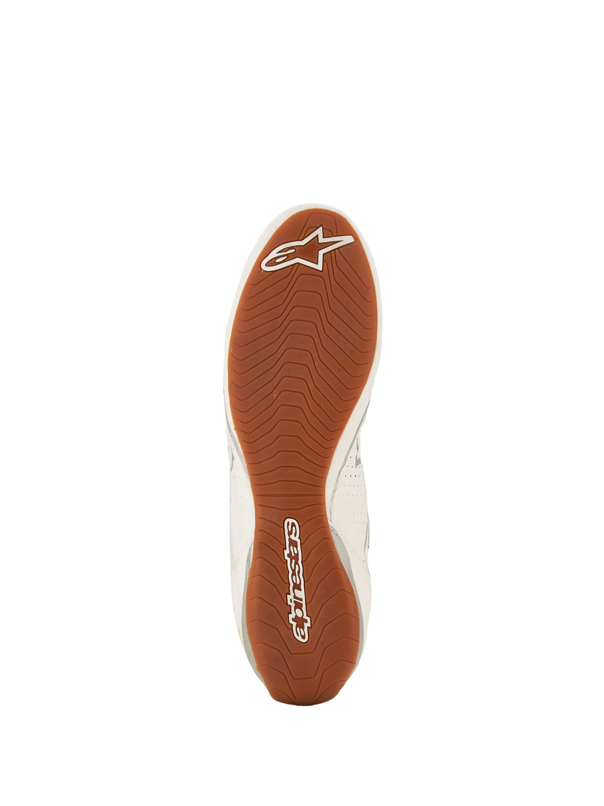 Alpinestars Tech-1 Z V3 Scarpe FIA, scarpe da corsa automobilistica, Bianco Verde Gomma Argento, vista dal basso della suola esterna in gomma testurizzata, battistrada asimmetrico con logo Alpinestars bianco sulla punta e sul tallone