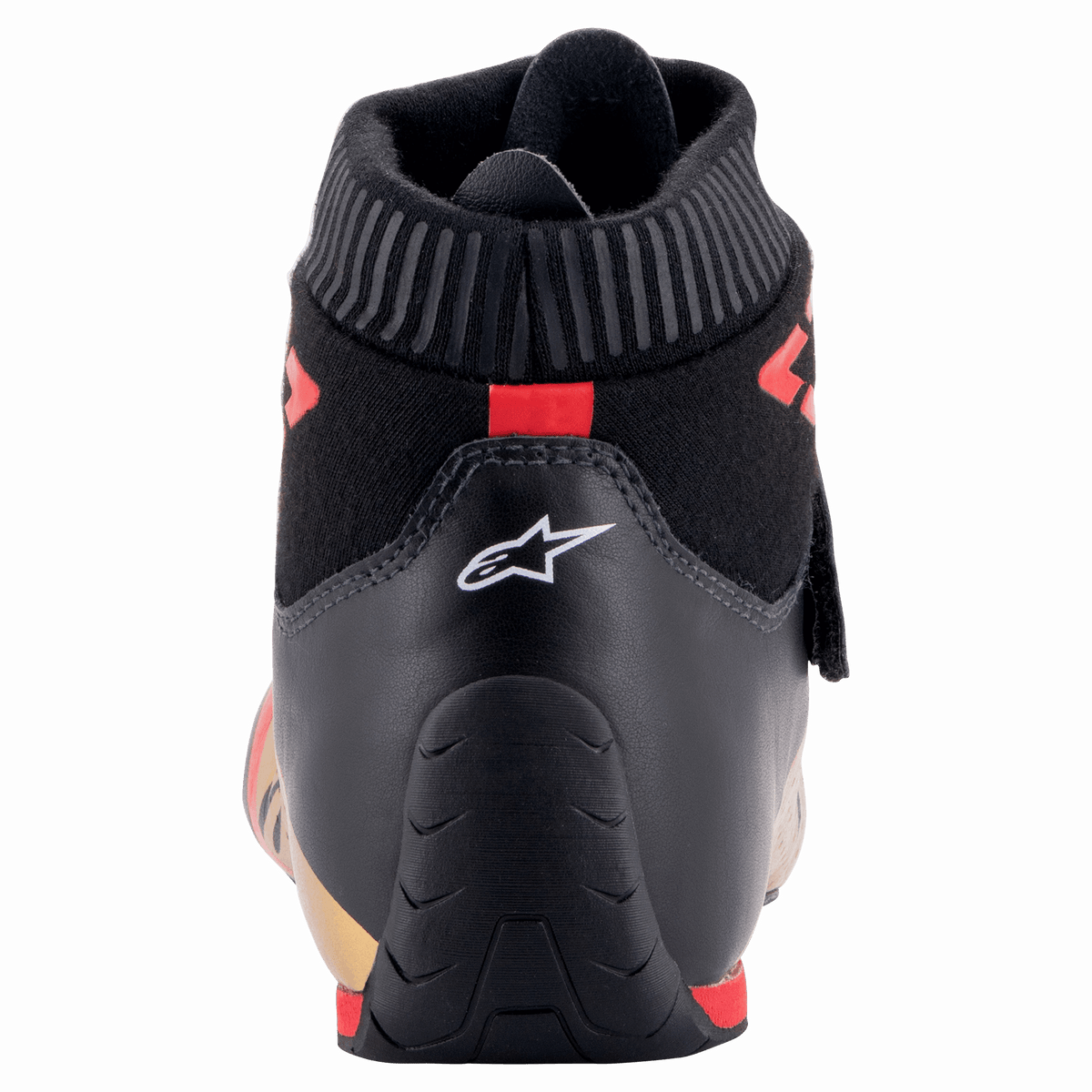 Scarpe Alpinestars Supermono V2 FIA, vista posteriore del tallone della scarpa da corsa, nero con logo a stella bianco e accenti rossi, con colletto ignifugo a coste e costruzione in pelle aerodinamica