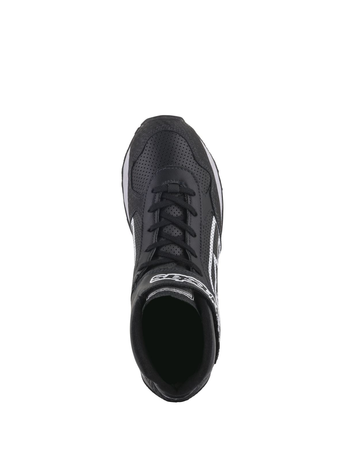 Scarpe Alpinestars Radar, scarpe da pit crew per gare automobilistiche, nero e bianco, vista dall'alto che mette in evidenza la tomaia in pelle traforata, sistema di doppia chiusura con lacci e cinturino a strappo, logo Alpinestars bianco, design resistente per pit stop professionali