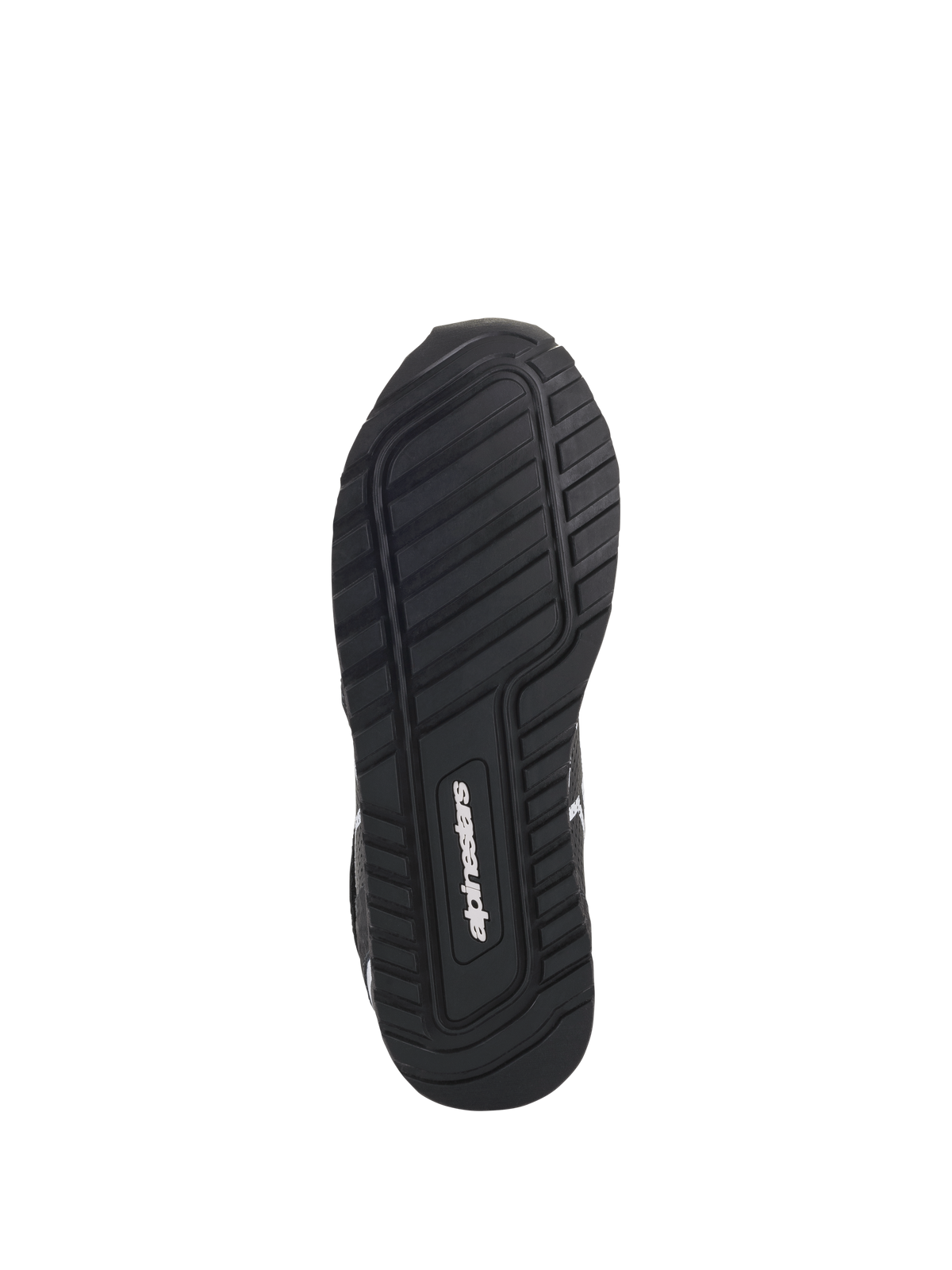 Scarpe Alpinestars Radar, nero e bianco, vista dal basso che mostra l'esclusiva suola in mescola di gomma con battistrada testurizzato per aderenza e stabilità, logo Alpinestars al centro