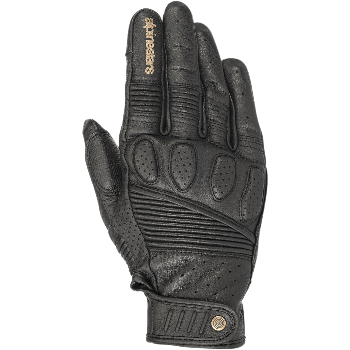 Guanti Alpinestars Crazy Eight, guanti da moto in pelle nera, caratterizzati da pannelli elasticizzati a soffietto sulle dita e sul dorso, imbottitura traforata sulle nocche, logo Alpinestars color tan sul dito indice e cinturino regolabile a strappo sul polso con dettaglio del logo circolare.