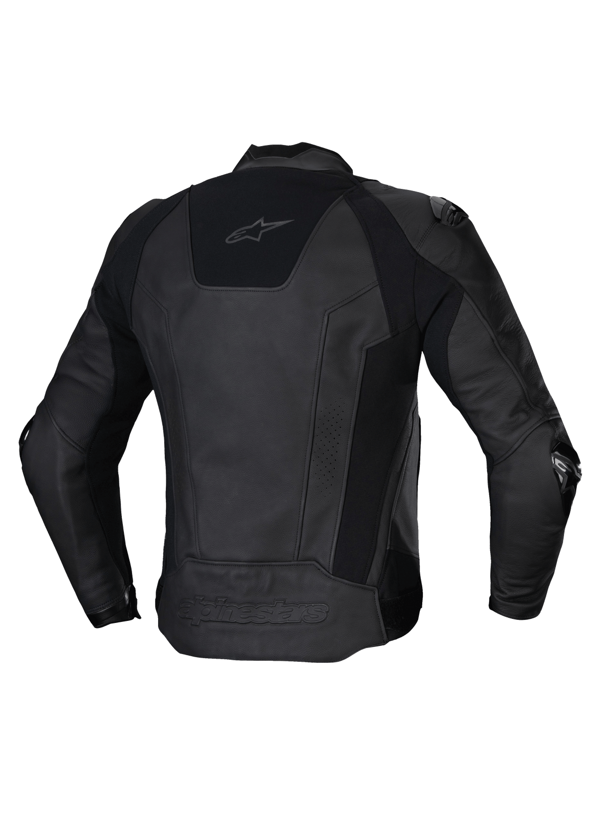 Giacca In Pelle Missile V3, giacca da moto racing/sport da uomo, vista posteriore in nero, pregiata pelle bovina da gara con inserti elasticizzati e protezione certificata CE