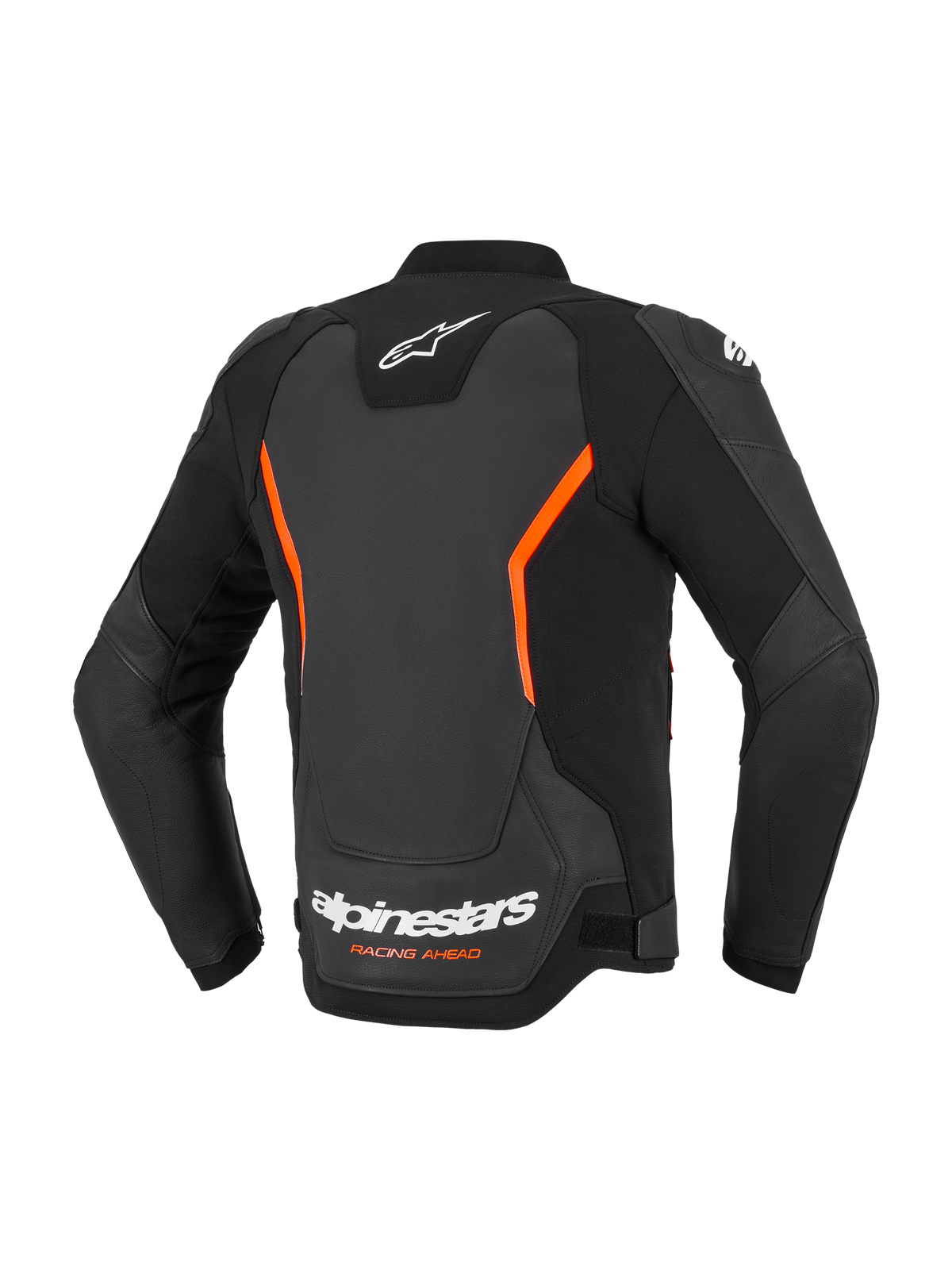 Giacca in pelle Alpinestars GP Force V2, giacca da moto in pelle, nero e rosso fluo, vista posteriore con loghi Alpinestars bianchi e scritta Racing Ahead arancione, accenti angolari rosso fluo, costruzione multi-pannello con maniche pre-curvate