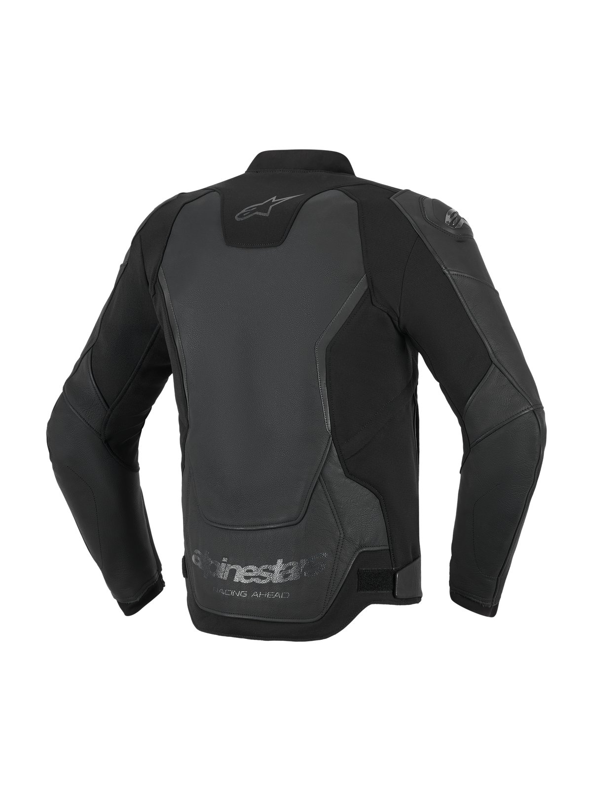 Alpinestars GP Force V2 Leather Jacket, giacca da moto, nero, vista posteriore con costruzione multi-pannello in pelle e tessuto, logo Alpinestars sul collo e scritta 'Racing Ahead' sul bordo inferiore