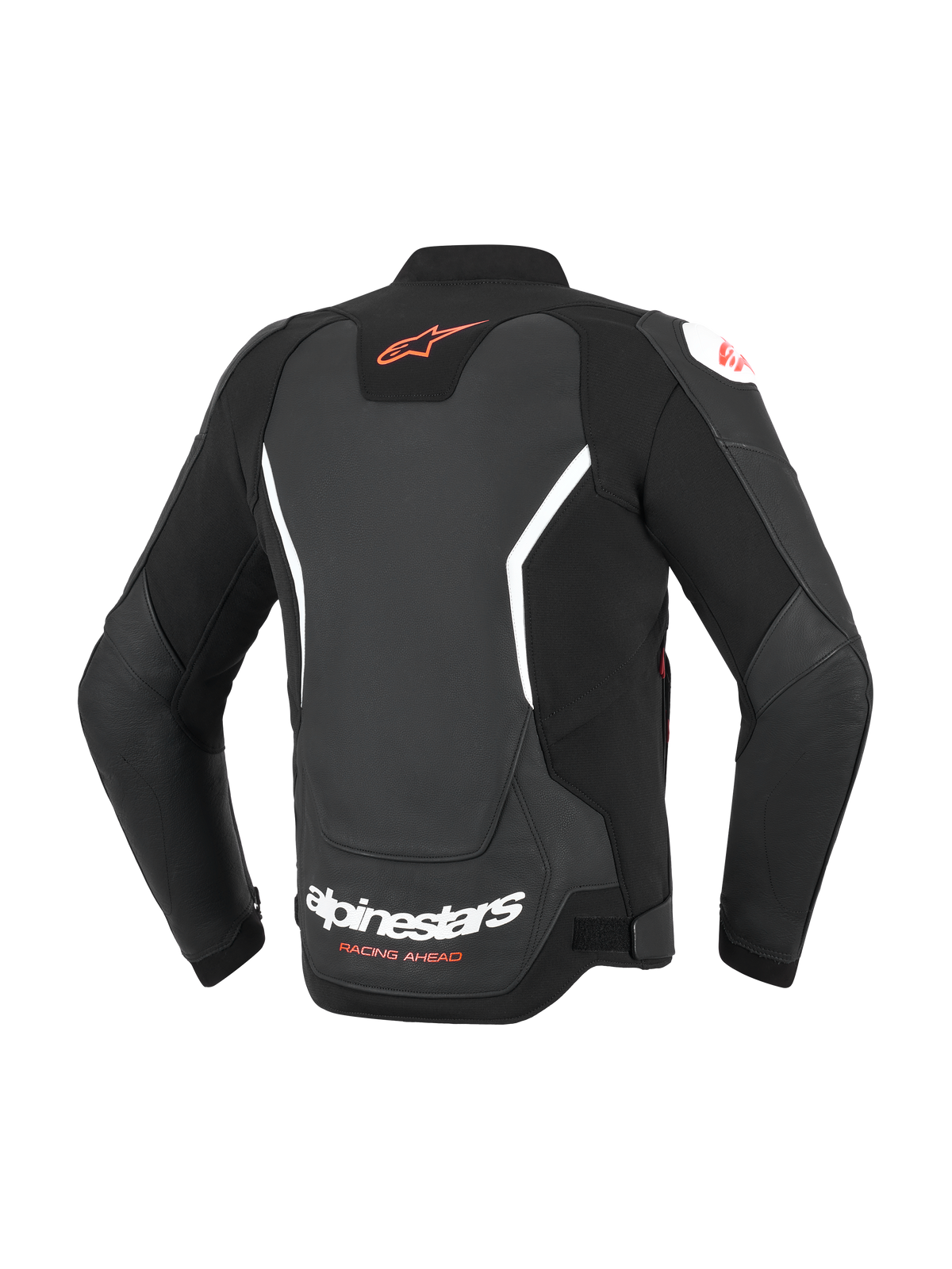 Alpinestars GP Force V2 Leather Jacket, giacca in pelle da moto, nera con dettagli bianchi e rossi, vista posteriore con logo Astar rosso sulla parte superiore e scritta Alpinestars bianca sulla parte inferiore, vestibilità sportiva con pannelli a soffietto