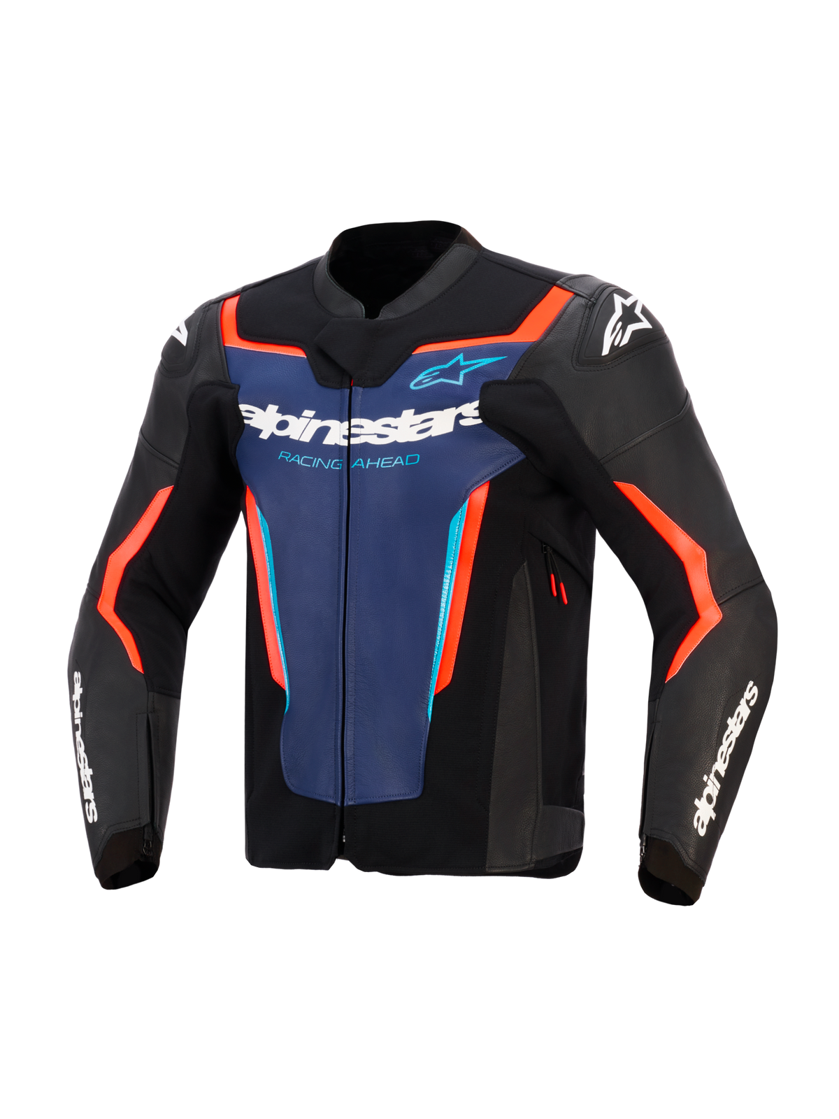 Giacca in pelle Alpinestars GP Force V2, nero, blu e rosso fluo, vista frontale con pannello blu sul petto, marchi 'Alpinestars' e 'Racing Ahead' bianchi, accenti arancione-rosso neon e loghi bianchi su spalle e maniche, progettata per la guida sportiva.