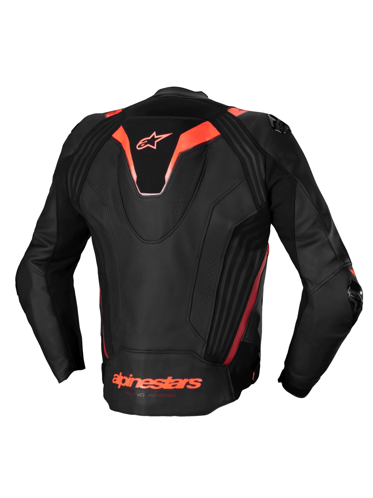 Alpinestars Giacca In Pelle Missile V3 Ignition, giacca da moto racing da uomo, nero e rosso fluo, certificata CE, in pregiata pelle bovina con gobba aerodinamica posteriore e inserti elasticizzati, vista posteriore