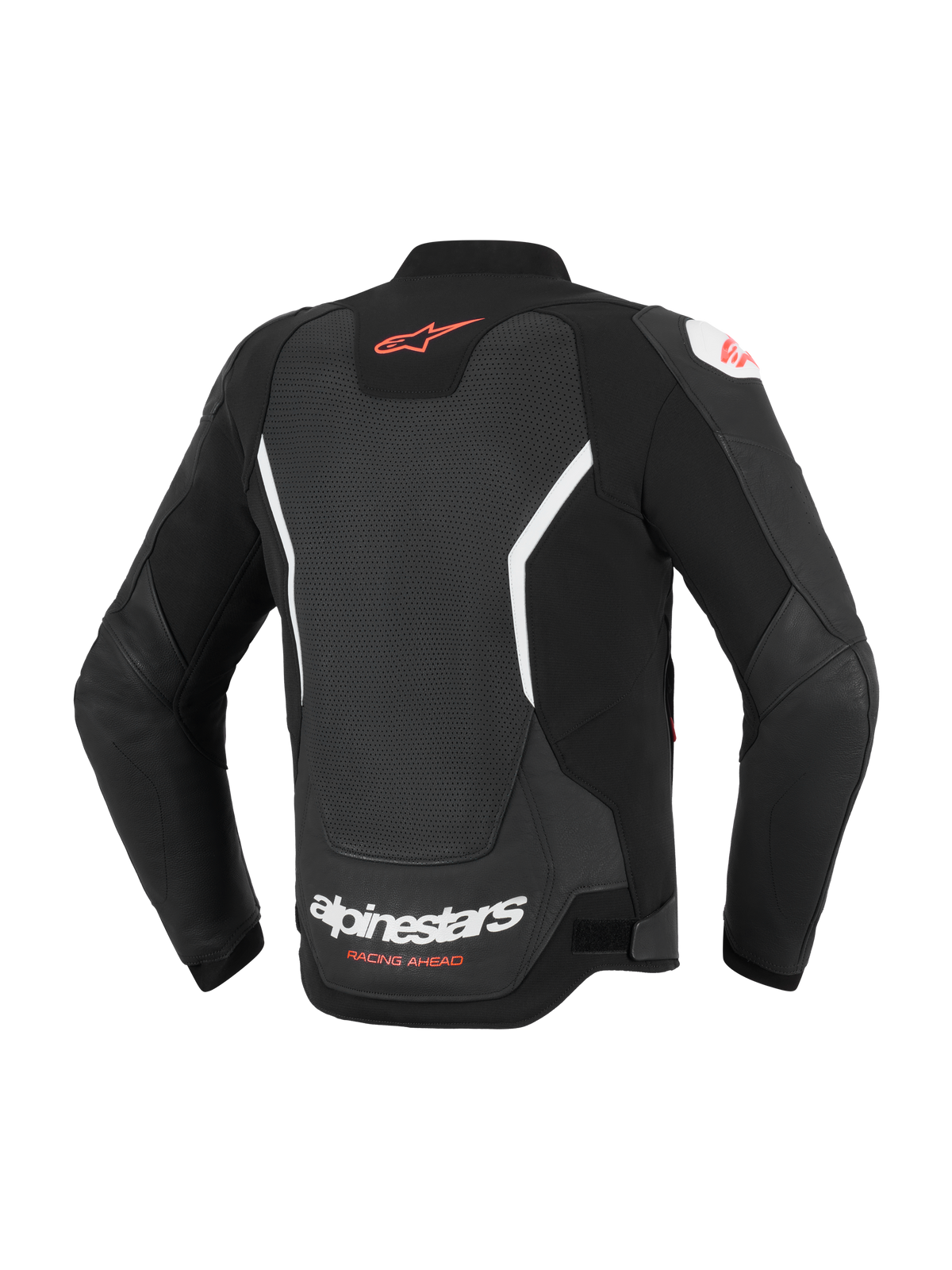 Giacca in pelle Alpinestars GP Force V2 Air, vista posteriore, nero e bianco, con ampio pannello posteriore traforato per la ventilazione, logo Alpinestars rosso sulla parte superiore della schiena, marchio bianco sulla parte inferiore della schiena, realizzata in pregiata pelle bovina per la guida sportiva
