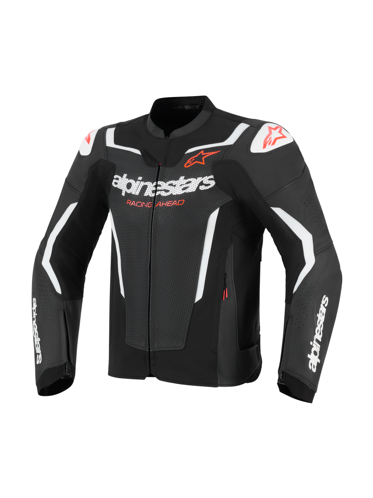 Giacca in pelle Alpinestars GP Force V2 Air, giacca da moto, nero e bianco con accenti rossi, caratterizzata da pannelli in pelle traforata per la ventilazione, loghi Alpinestars bianchi e scritta 'Racing Ahead', slider sulle spalle DFS, design racing sportivo