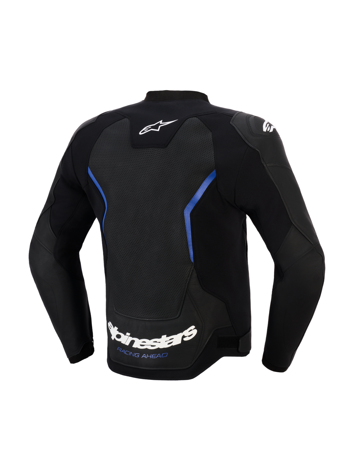 Giacca in pelle Alpinestars GP Force V2 Airflow, vista posteriore, nero e blu metallizzato, ampio pannello posteriore in pelle traforata per la ventilazione, scritta Alpinestars bianca e slogan 'RACING AHEAD' sul bordo inferiore, abbigliamento tecnico professionale per guida sportiva