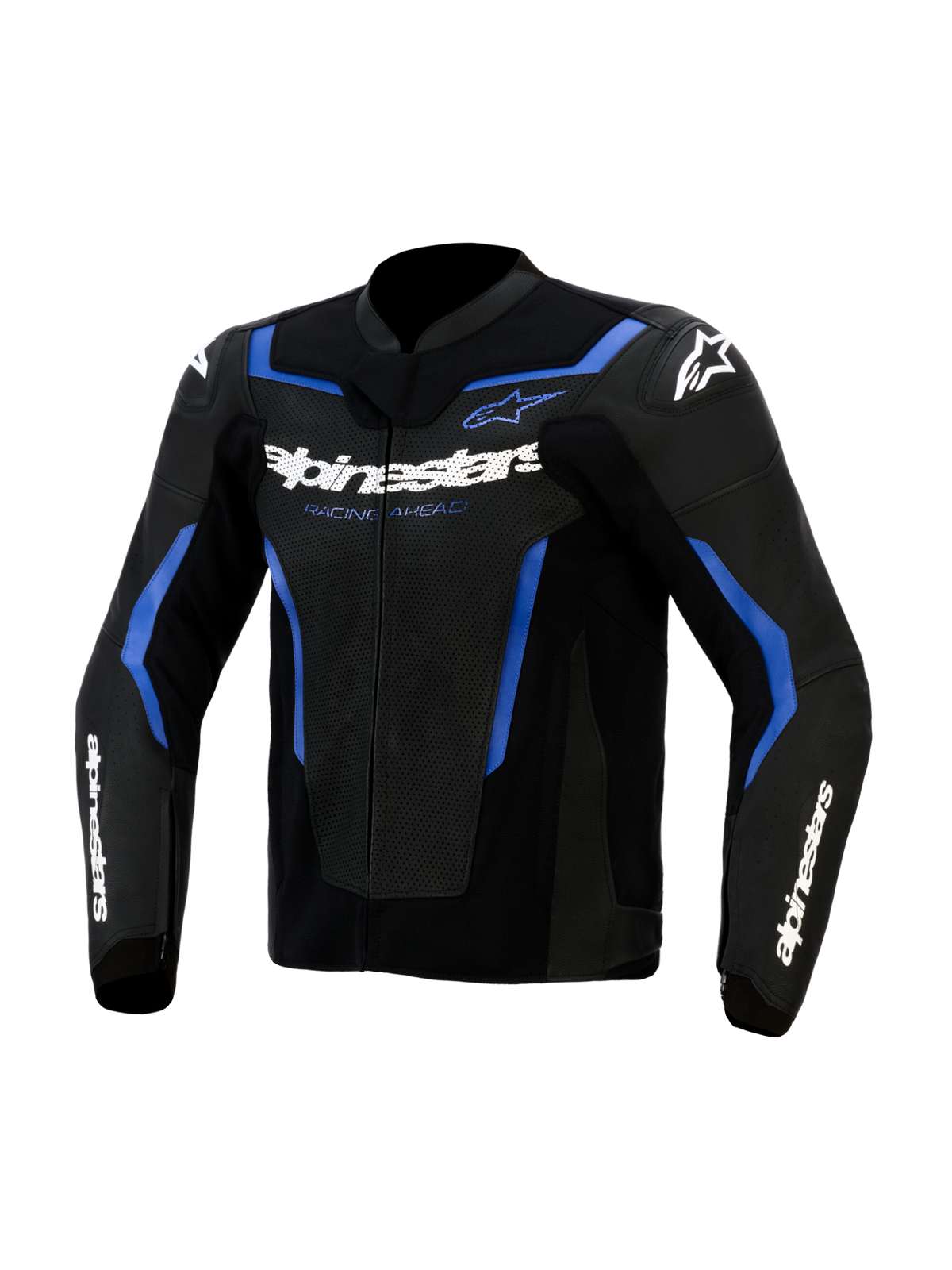 Giacca in pelle Alpinestars GP Force V2 Airflow, nero e blu metallizzato, pannelli in pelle traforata sul petto, logo Alpinestars bianco con scritta 'Racing Ahead', design sportivo con accenti blu e loghi a stella bianchi sulle spalle, abbigliamento professionale da moto
