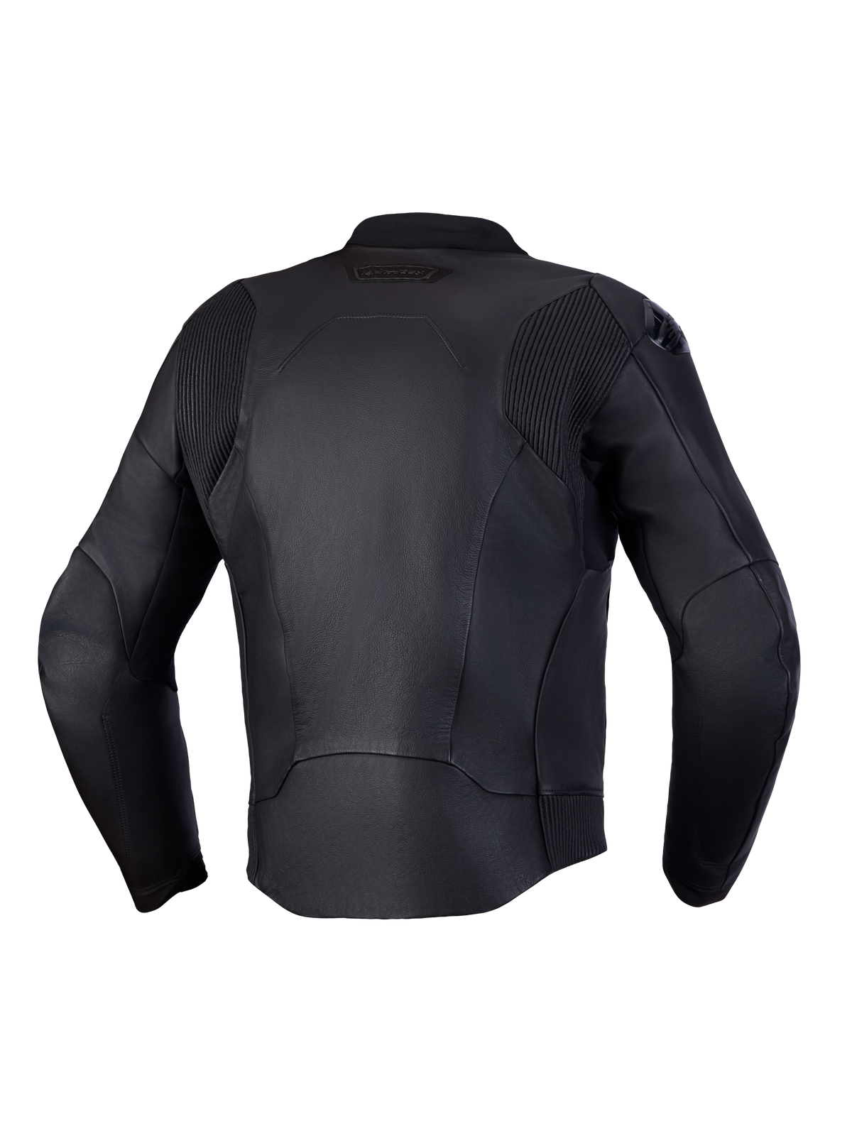 Alpinestars Caliber V 2 Giacca di pelle, giacca da moto sportiva in pelle nera, vista posteriore con inserti elastici a fisarmonica su spalle e vita