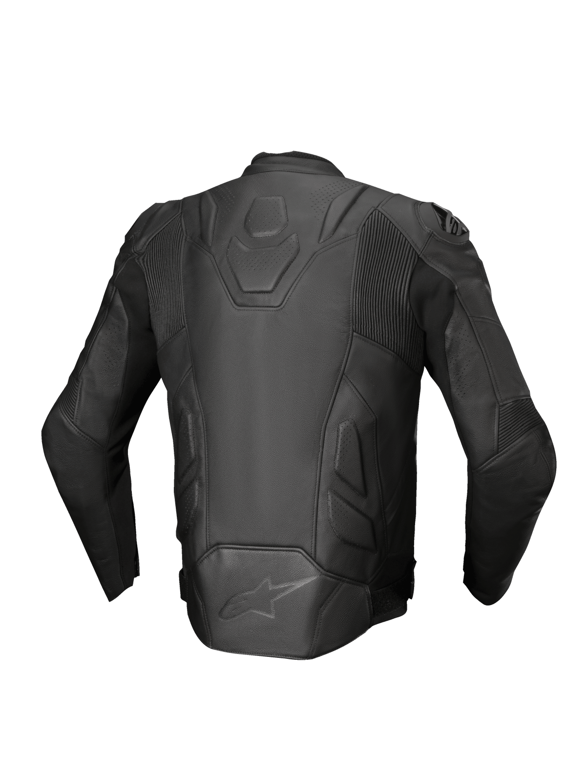Alpinestars giacca in pelle Dusk, giacca da moto racing da uomo, nera, in pelle con pannelli a fisarmonica, vista posteriore.
