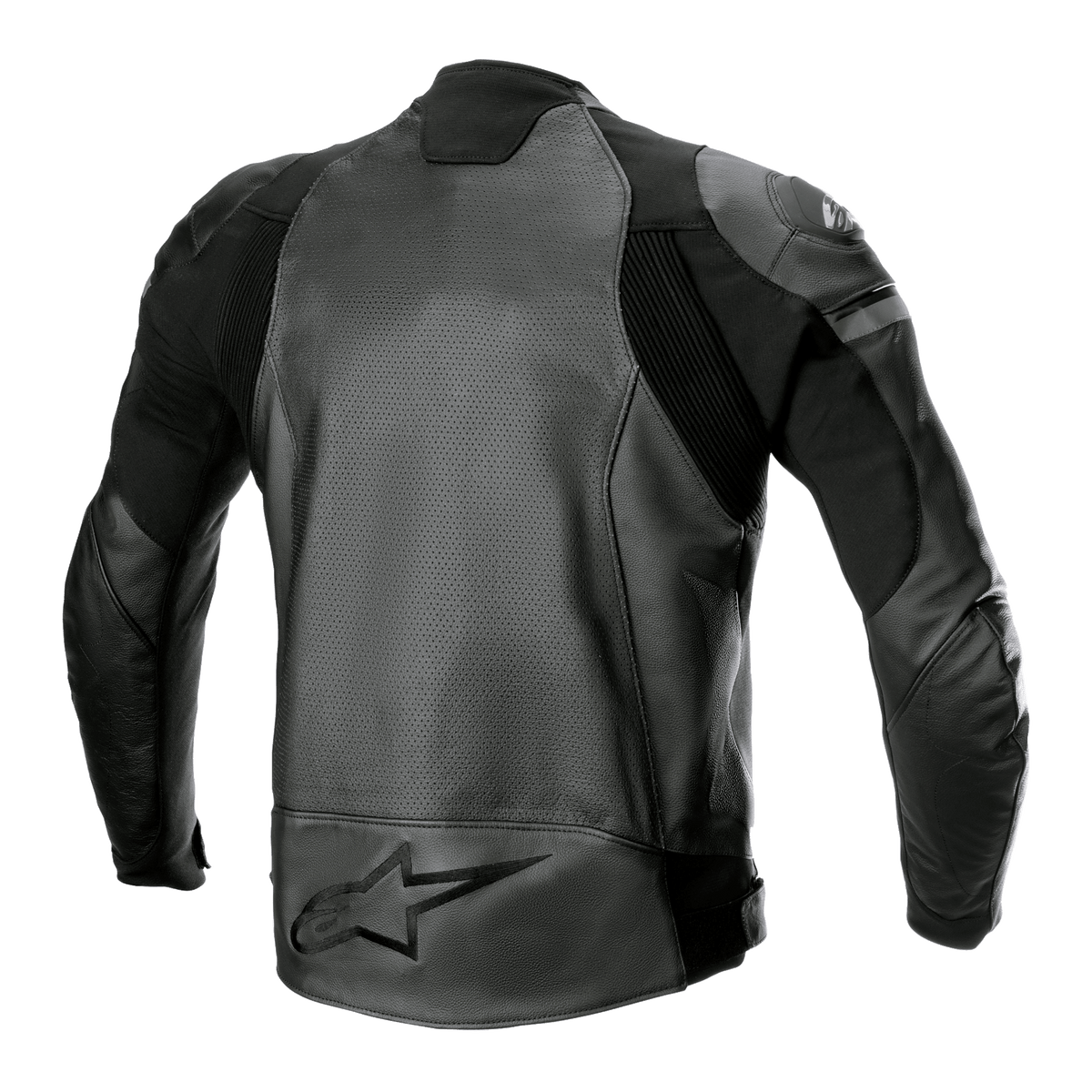Giacca in pelle Alpinestars GP Force Airflow, nero, vista posteriore con pannelli in pelle di bufalo traforata, inserti elastici a soffietto e grande logo a stella in rilievo sulla parte bassa della schiena, abbigliamento da motociclismo sportivo
