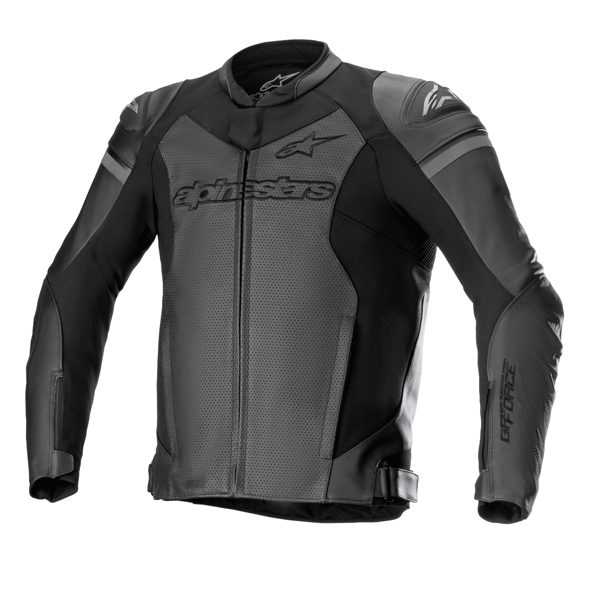 Alpinestars GP Force Airflow Leather Jacket, giacca da moto racing, nero e grigio scuro, pannelli perforati per la ventilazione, scivoli esterni per spalle DFS Lite, branding evidente su petto e maniche, costruzione in pelle premium con cinghie di regolazione in vita