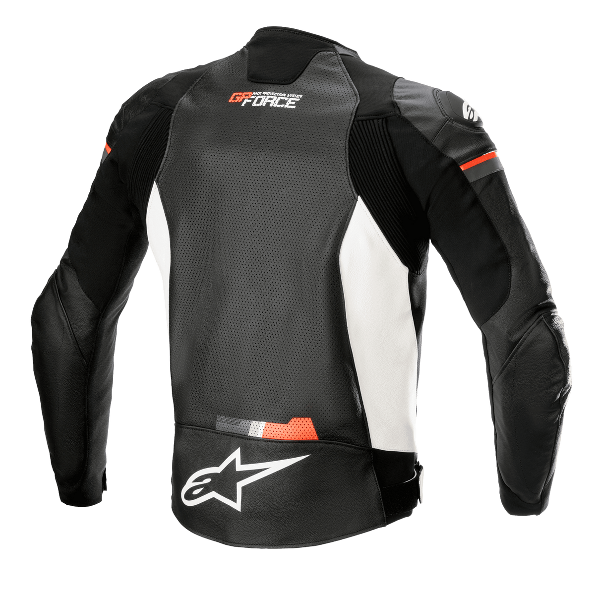 Giacca in pelle Alpinestars GP Force Airflow, vista posteriore, nero bianco e rosso fluo, pannello posteriore in pelle traforata per la ventilazione, inserti a soffietto su spalle e fianchi, logo Alpinestars bianco sulla parte inferiore della schiena, marchio GP Force sulla parte superiore della schiena, abbigliamento sportivo da moto