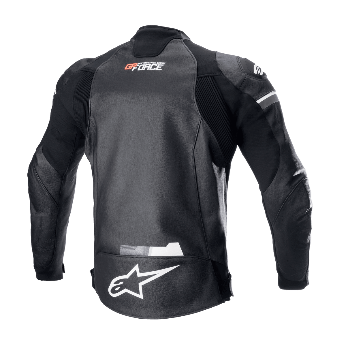 Giacca in pelle Alpinestars GP Force, Nero, vista posteriore con logo Alpinestars bianco sulla parte inferiore della schiena e marchio GP Force sulla parte superiore, pannelli elastici a fisarmonica e robusta struttura in pelle bovina per racing su strada