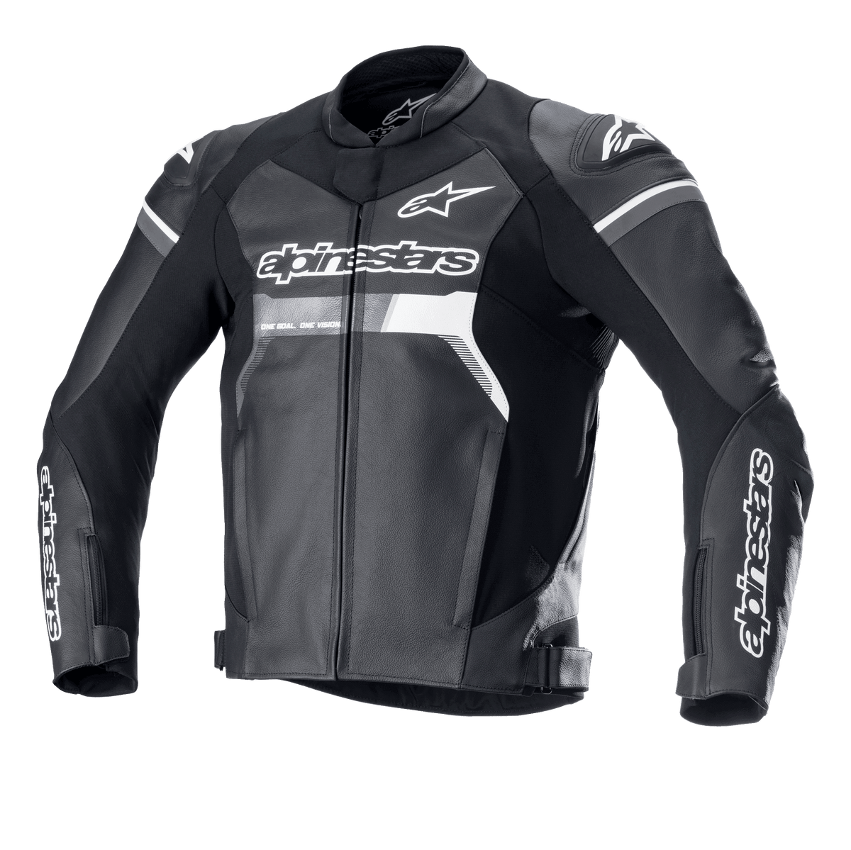 Giacca in pelle Alpinestars GP Force, nero con dettagli bianchi e grigi, giacca da moto racing, struttura in pregiata pelle bovina, logo Alpinestars su petto e maniche, slider spalla DFS Lite, vestibilità sportiva ergonomica per la guida su strada.