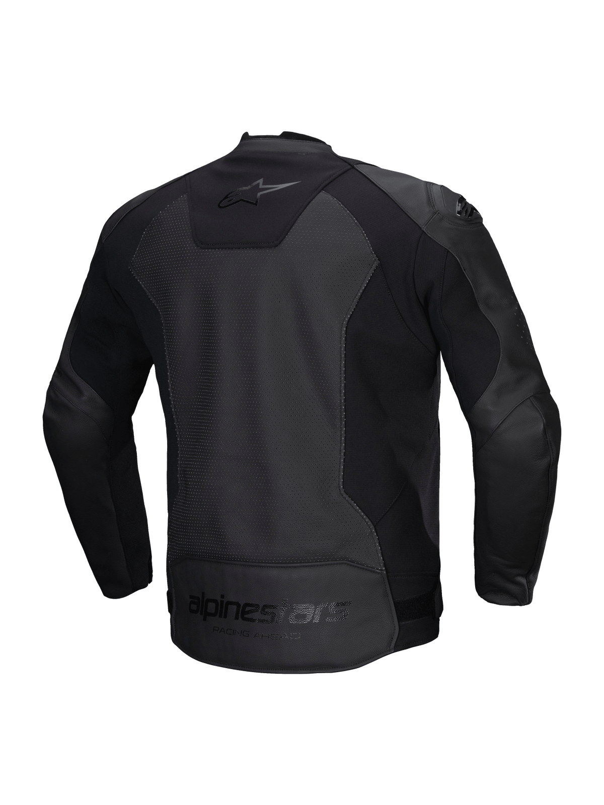 Giacca In Pelle Faster V3 Airflow Alpinestars, giacca da moto sportiva da uomo, nera, in pelle traforata con inserti elasticizzati, vista posteriore con dettagli del marchio