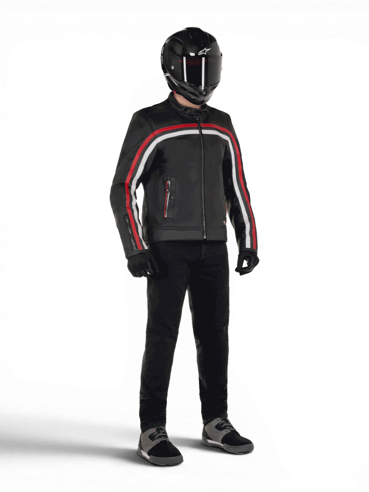 Alpinestars Giacca in pelle Dyno, giacca da moto urban da uomo, pelle bovina nera con strisce rosso rubino, predisposta per Tech-Air.
