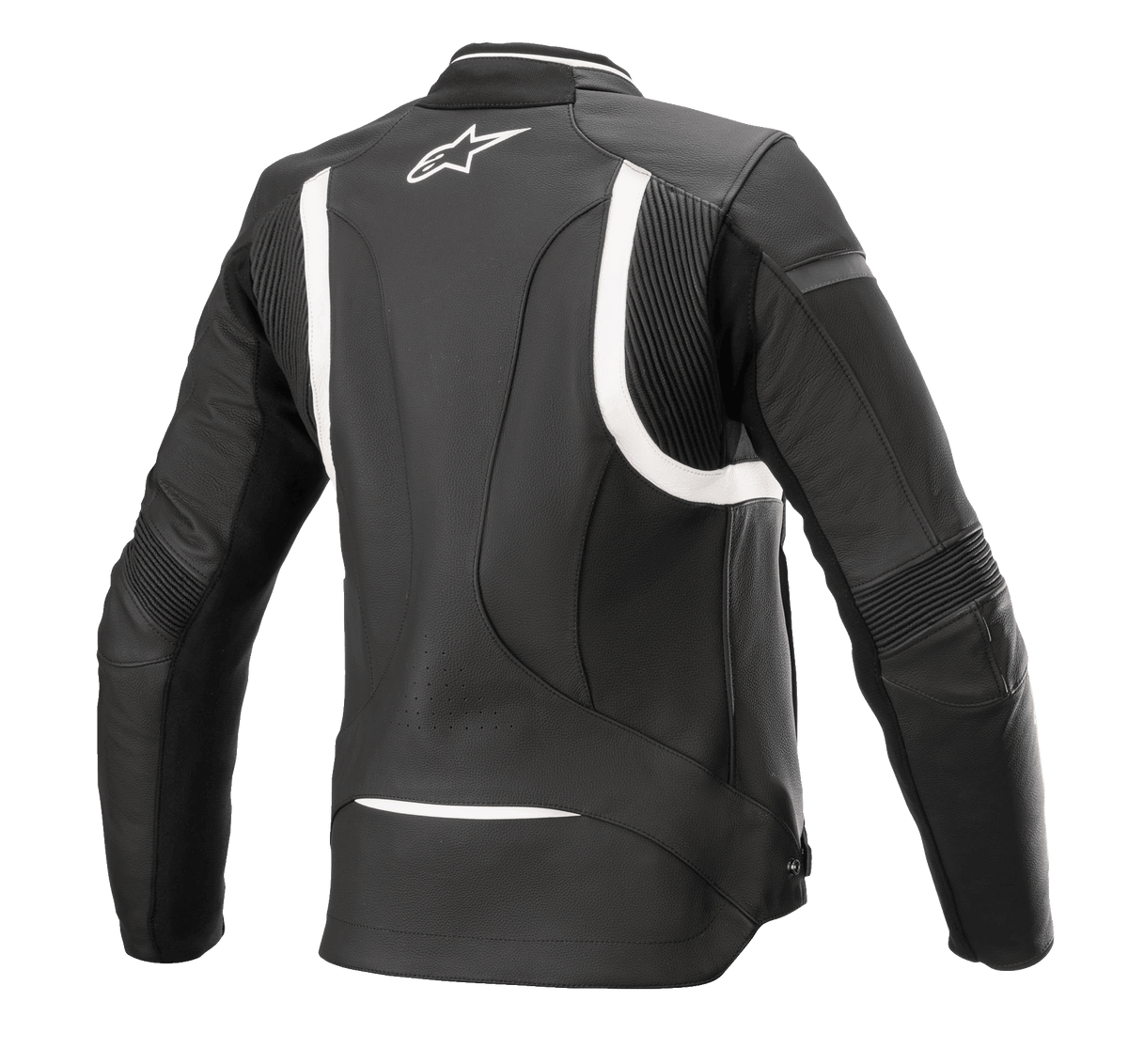Giacca in pelle Alpinestars Stella Kira V2 da donna, nero e bianco, vista posteriore con pannelli elastici a fisarmonica sulla schiena e sui gomiti, parte posteriore allungata per una maggiore copertura durante la guida e logo Alpinestars bianco sulla parte superiore della schiena, struttura in pregiata pelle bovina