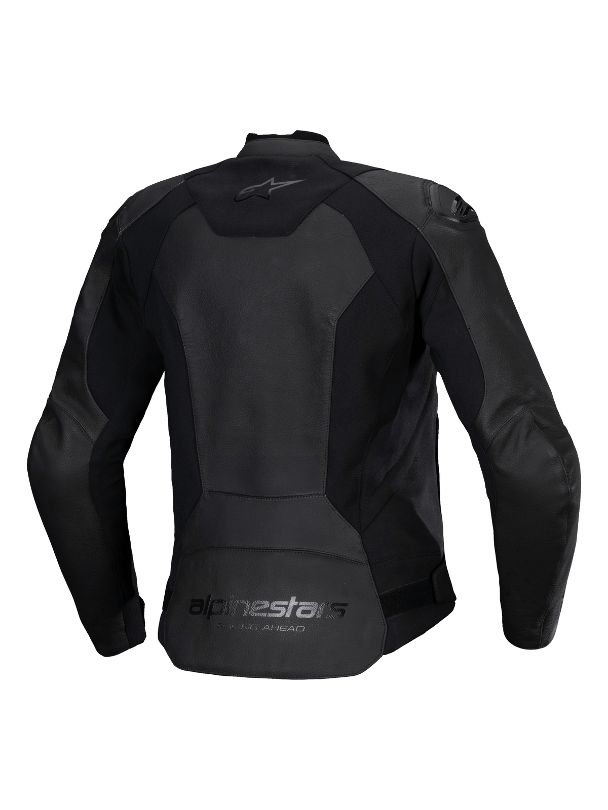Giacca in pelle da donna Alpinestars Stella Faster V3, giacca da moto in pelle femminile, nera, vista posteriore con logo Alpinestars sulla parte superiore e inferiore della schiena, pannelli elasticizzati per la mobilità e parte posteriore allungata per una maggiore copertura.