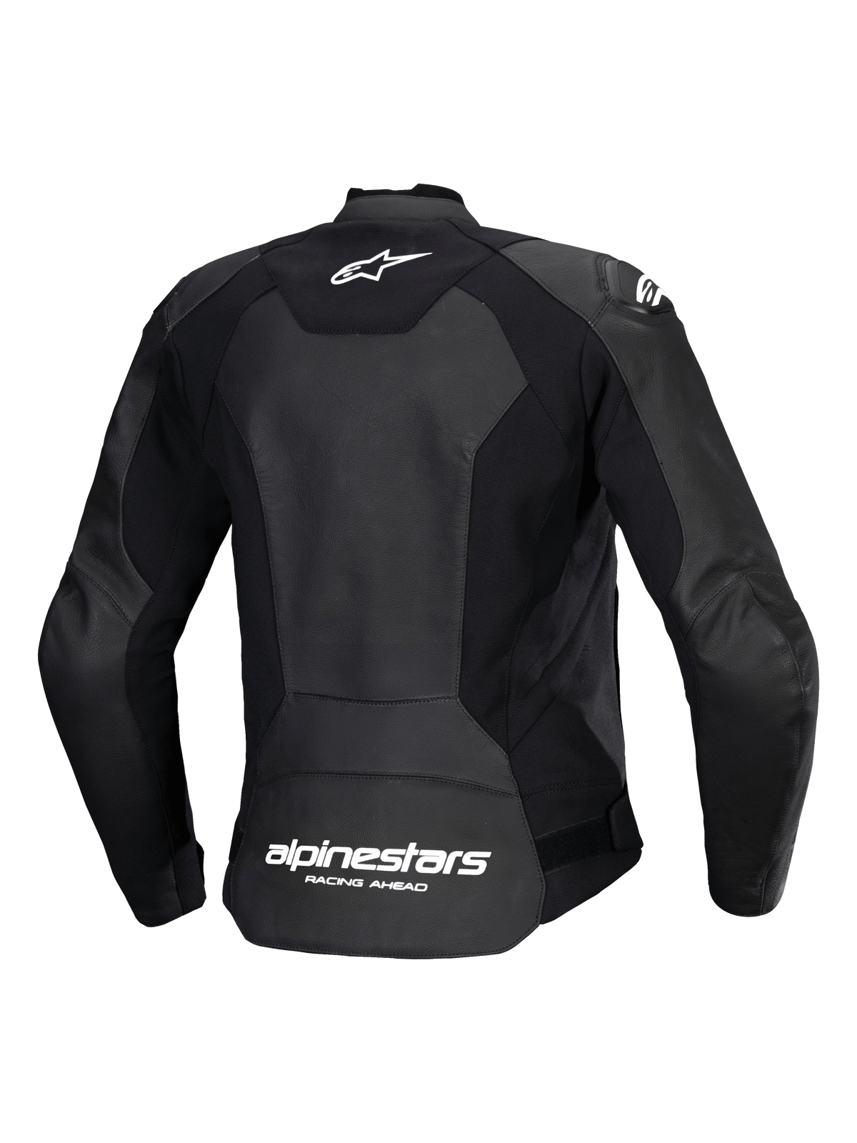 Giacca in pelle Alpinestars Stella Faster V3, giacca da moto sportiva da donna, nero e bianco, vista posteriore che mostra la costruzione multi-pannello in pelle e tessuto elasticizzato, logo Alpinestars bianco sulla parte superiore della schiena e marchio sulla parte inferiore, vestibilità atletica per una guida performante