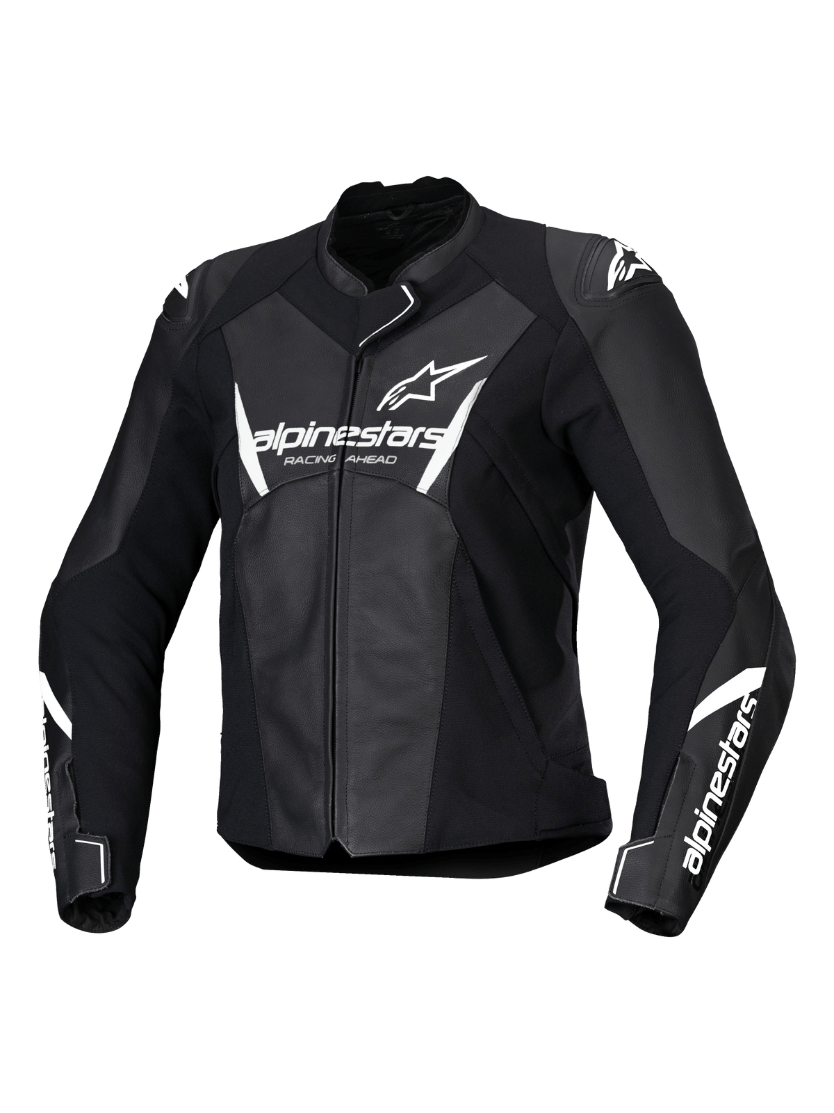 Alpinestars Stella Faster V3 Leather Jacket, giacca da moto racing da donna, nero e bianco, con loghi Alpinestars bianchi su petto e maniche, costruzione in pelle premium con spalle rinforzate, design sportivo aerodinamico