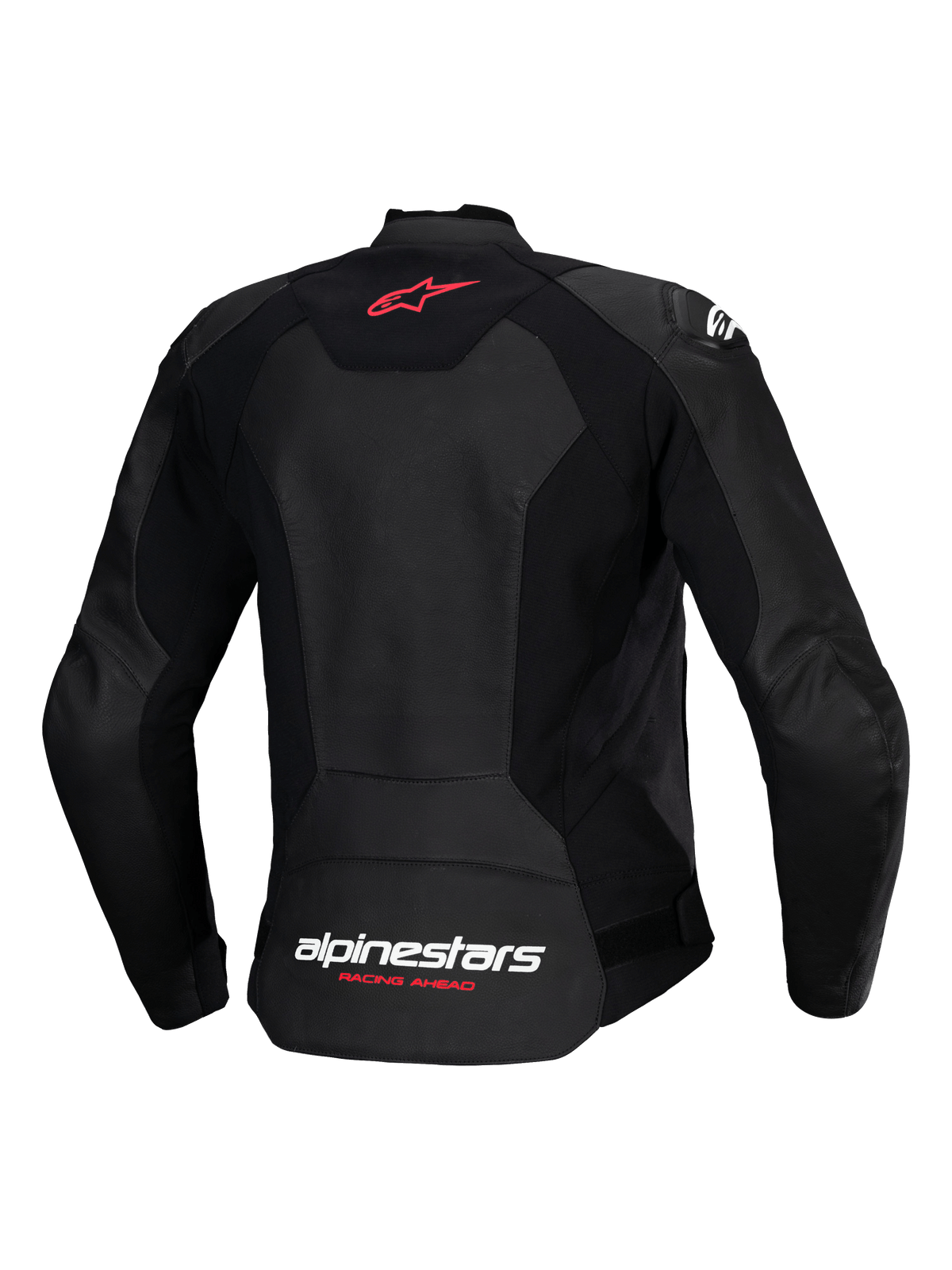 Giacca in pelle Alpinestars Stella Faster V3, giacca da moto sportiva da donna, nero, vista posteriore con logo a stella rosso sulla parte superiore e marchio Alpinestars bianco con scritta "Racing Ahead" corallo fluo sulla parte inferiore, vestibilità femminile con pelle premium e pannelli elasticizzati