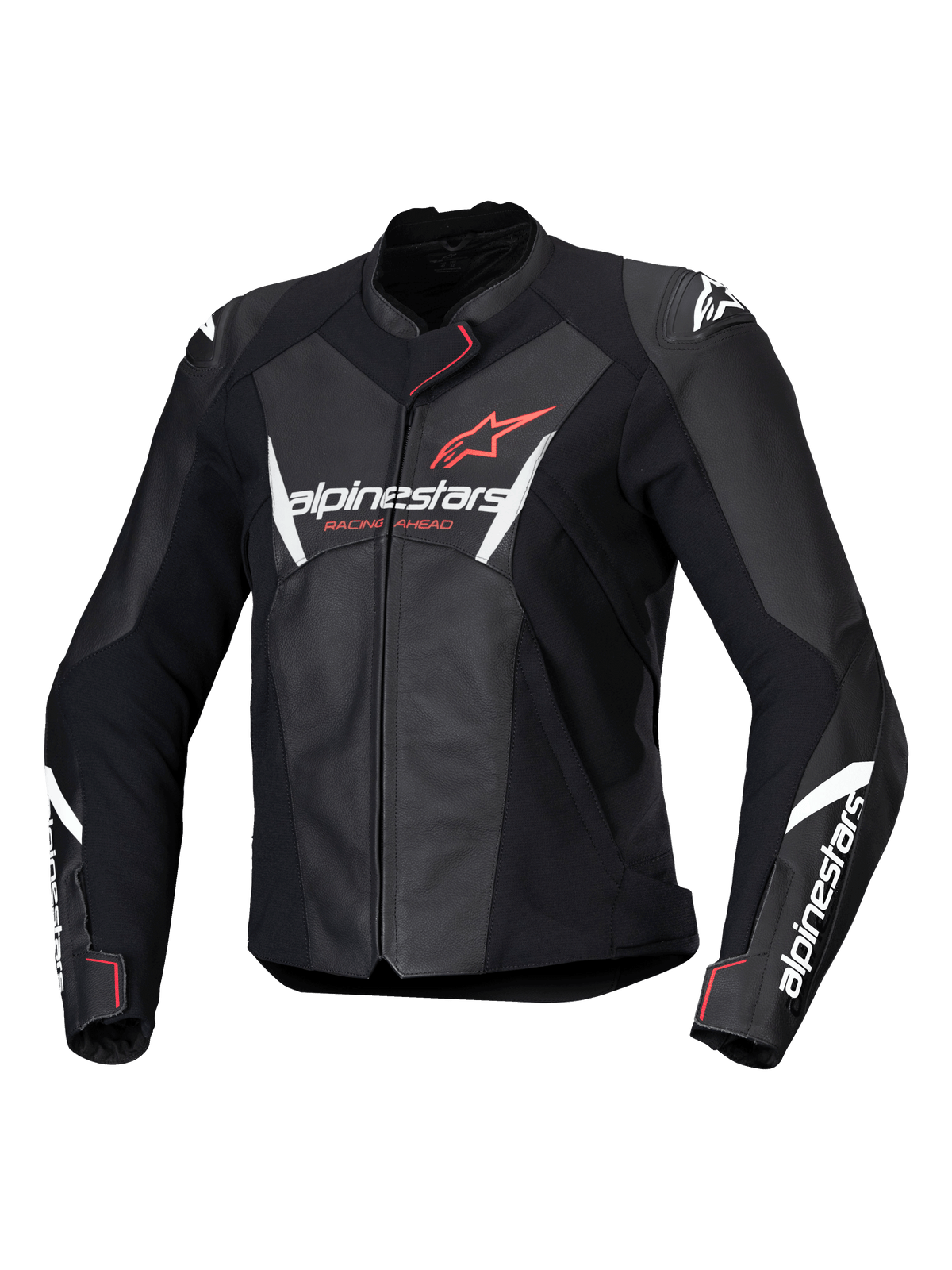 Giacca in pelle Alpinestars Stella Faster V3, giacca da moto sportiva da donna, nero con dettagli bianco e corallo fluo, costruzione in pelle premium, con logo Alpinestars su petto e maniche, vestibilità sportiva con protezioni spalle integrate e chiusura frontale con zip