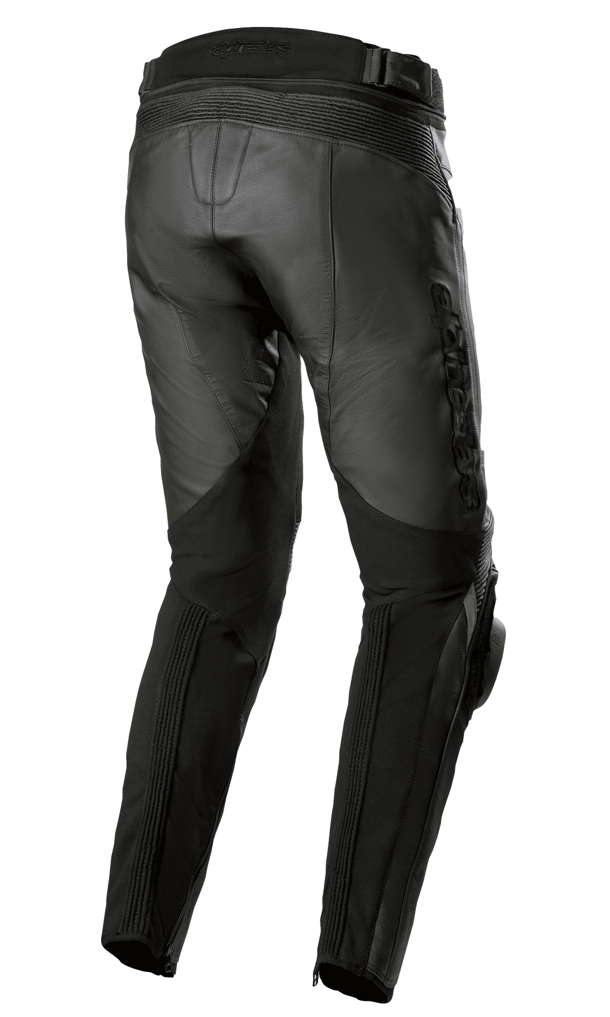 Alpinestars Missile V3 Leather Pants - Long, vista posteriore e laterale, nero, costruzione in pregiata pelle bovina con pannelli a soffietto sopra il ginocchio, vita posteriore alta e logo Alpinestars in rilievo sulla coscia, abbigliamento tecnico da moto per sport e racing