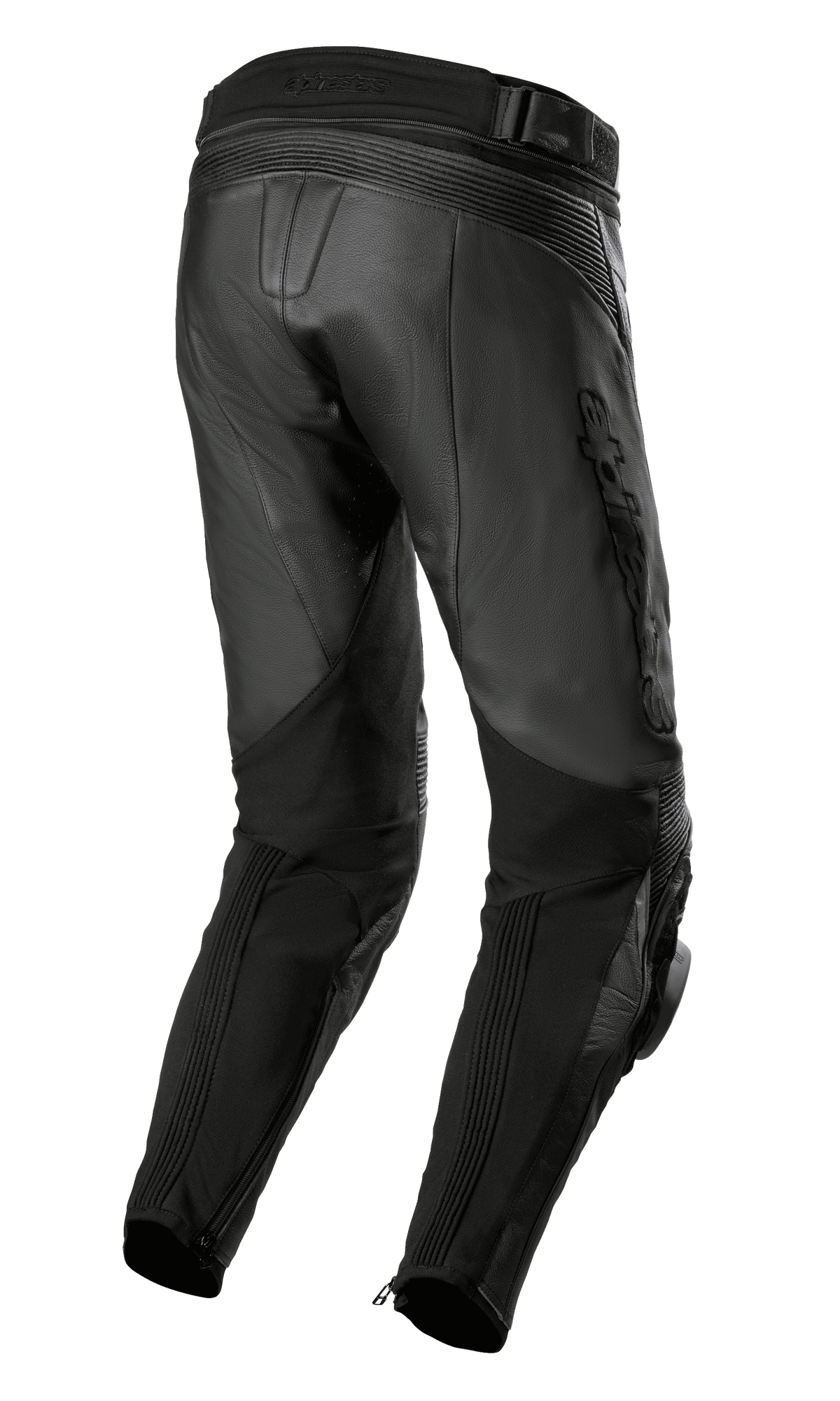 Alpinestars Missile V3 Airflow, pantaloni in pelle, nero, vista posteriore con struttura in pelle premium, zone elasticizzate a soffietto sopra il ginocchio, vita alta e pannelli elastici sui polpacci con zip alle caviglie.