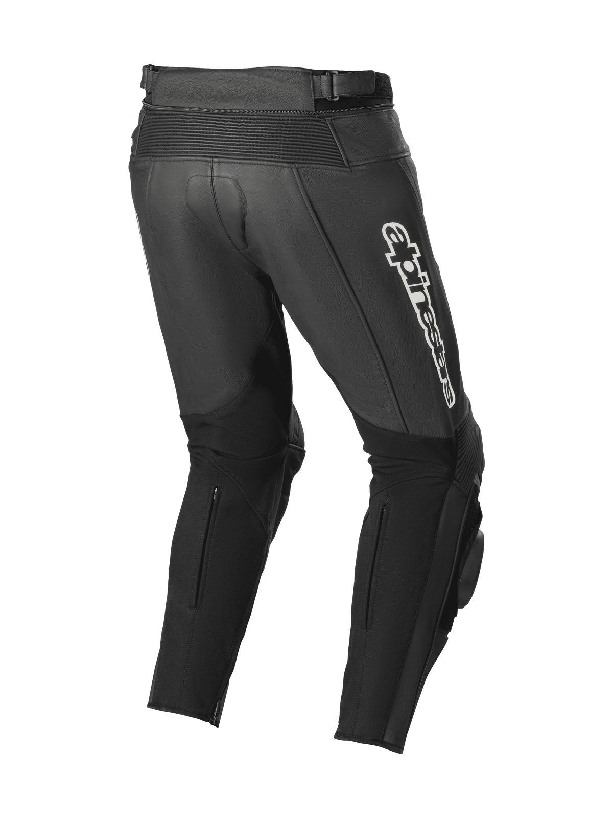 Pantaloni in pelle Alpinestars Track V2, nero, vista posteriore con zone elasticizzate in pelle a soffietto, marchio Alpinestars bianco sulla coscia, ampi pannelli elasticizzati sui polpacci e saponette integrate per uso in pista e su strada