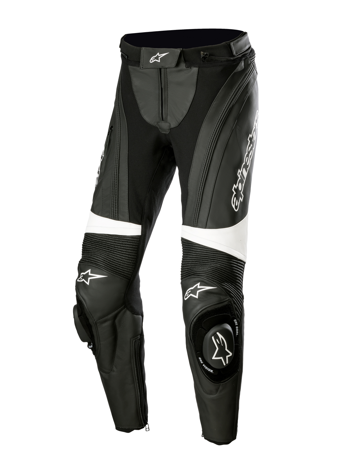 Alpinestars Stella Missile V3 Leather Pants, pantaloni moto racing da donna, nero e bianco, con pannelli a fisarmonica sopra le ginocchia, slider integrati con logo Alpinestars, dettagli bianchi e vestibilità aerodinamica per guida sportiva e in pista.