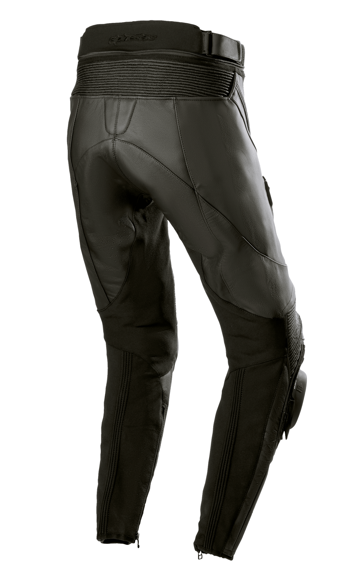 Alpinestars Stella Missile V3 Leather Pants da donna, Nero Nero, vista posteriore che mostra la vita alta e le zone elasticizzate in pelle a soffietto sopra il ginocchio, struttura in pregiata pelle bovina con pannelli elasticizzati sui polpacci e zip alle caviglie, progettati per la guida racing e sportiva.