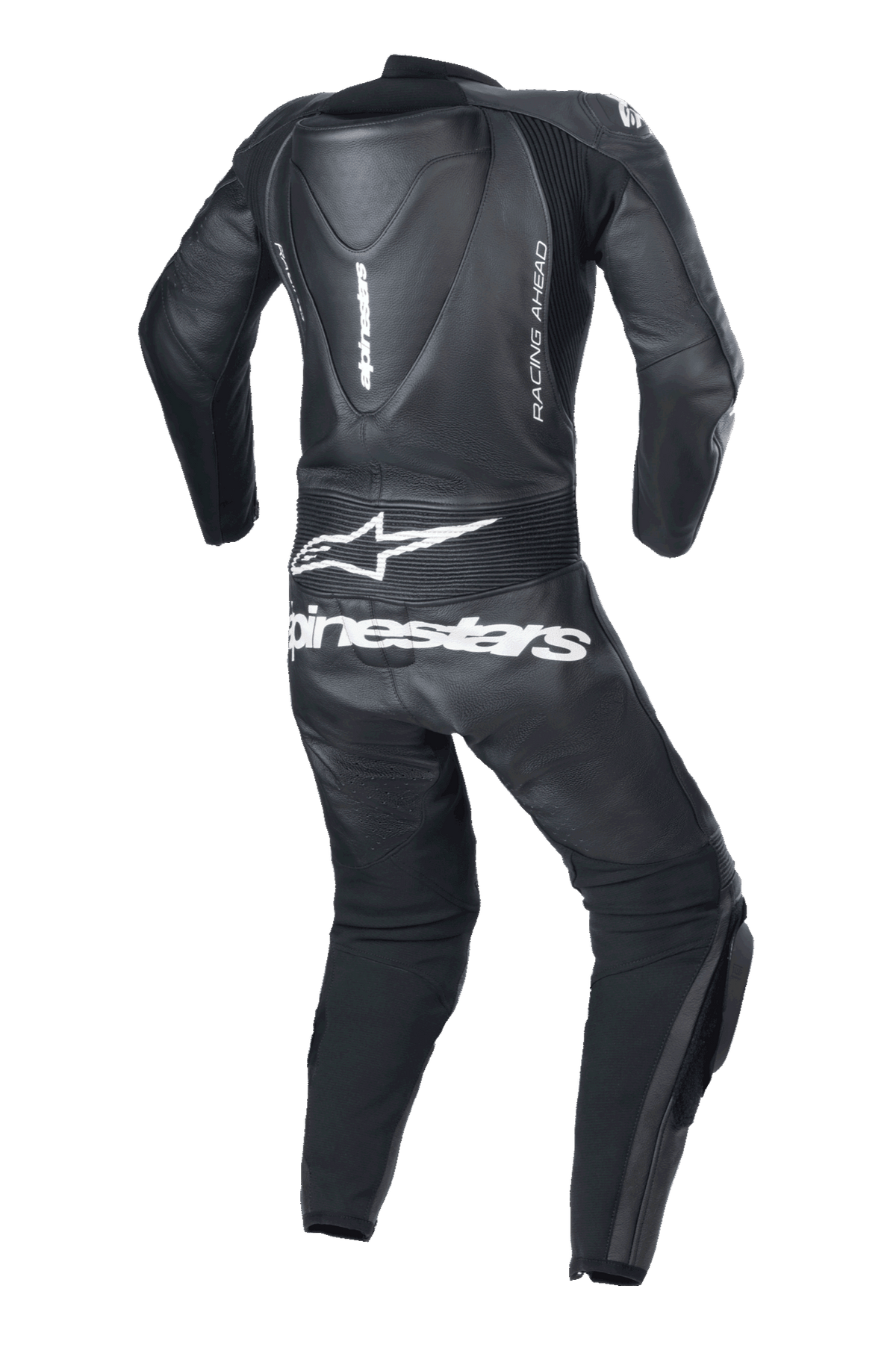 Alpinestars Youth GP Plus V2 Tuta in pelle intera, nero, vista posteriore con gobba aerodinamica, logo e scritta Alpinestars bianchi sulla parte inferiore della schiena, branding laterale 'RACING AHEAD' e pannelli a fisarmonica elasticizzati per la mobilità.