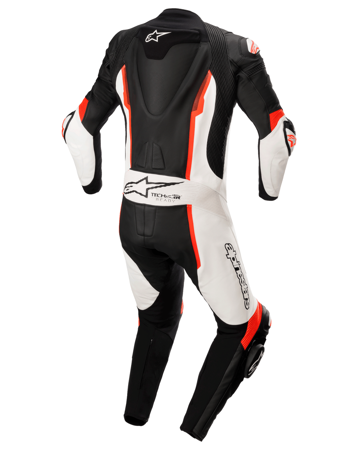 Alpinestars Missile V2 1-Piece Leather Suit, tuta in pelle intera, nero, bianco e rosso fluo, vista posteriore con gobba aerodinamica, marchio Tech-Air Ready e logo Alpinestars, tuta da corsa in pelle di alta qualità