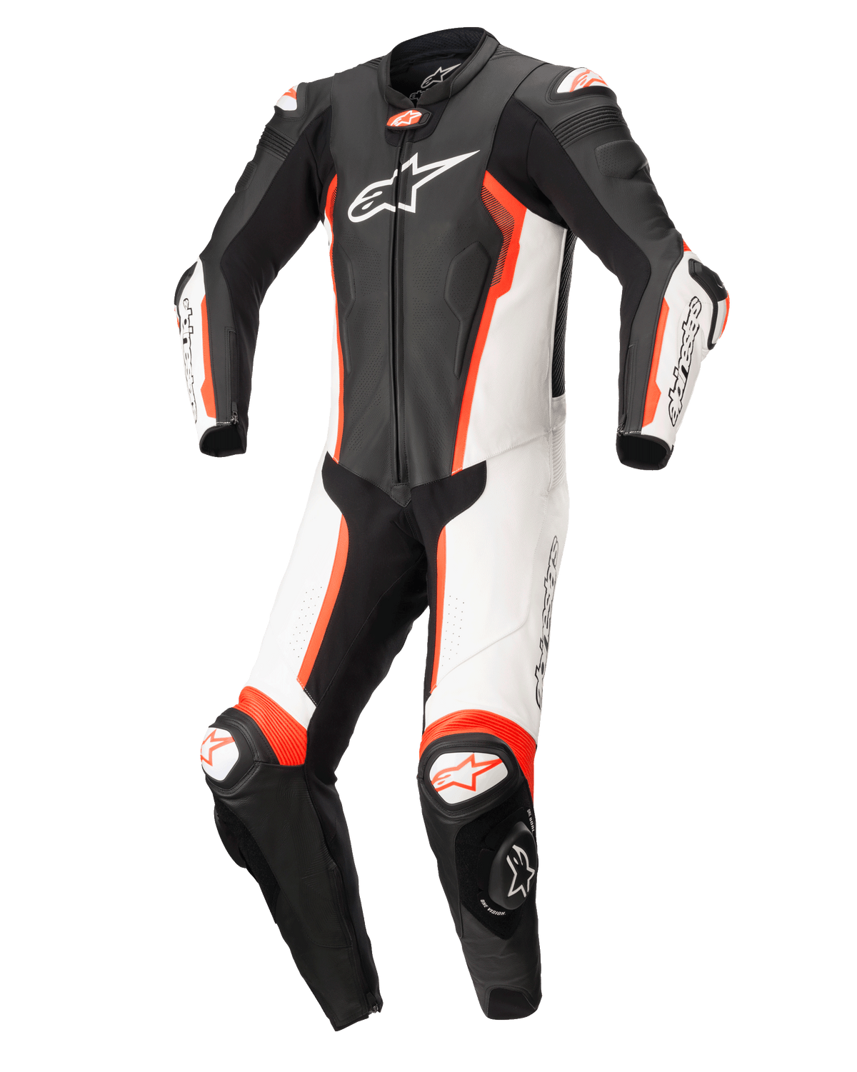 Alpinestars Missile V2 Monoblocco, tuta da corsa in pelle, nero, bianco e rosso fluo, con design ergonomico pre-curvato, pannelli bianchi e neri, accenti rosso fluo, logo Alpinestars sul petto e slider sulle ginocchia, progettata per corse ad alte prestazioni.