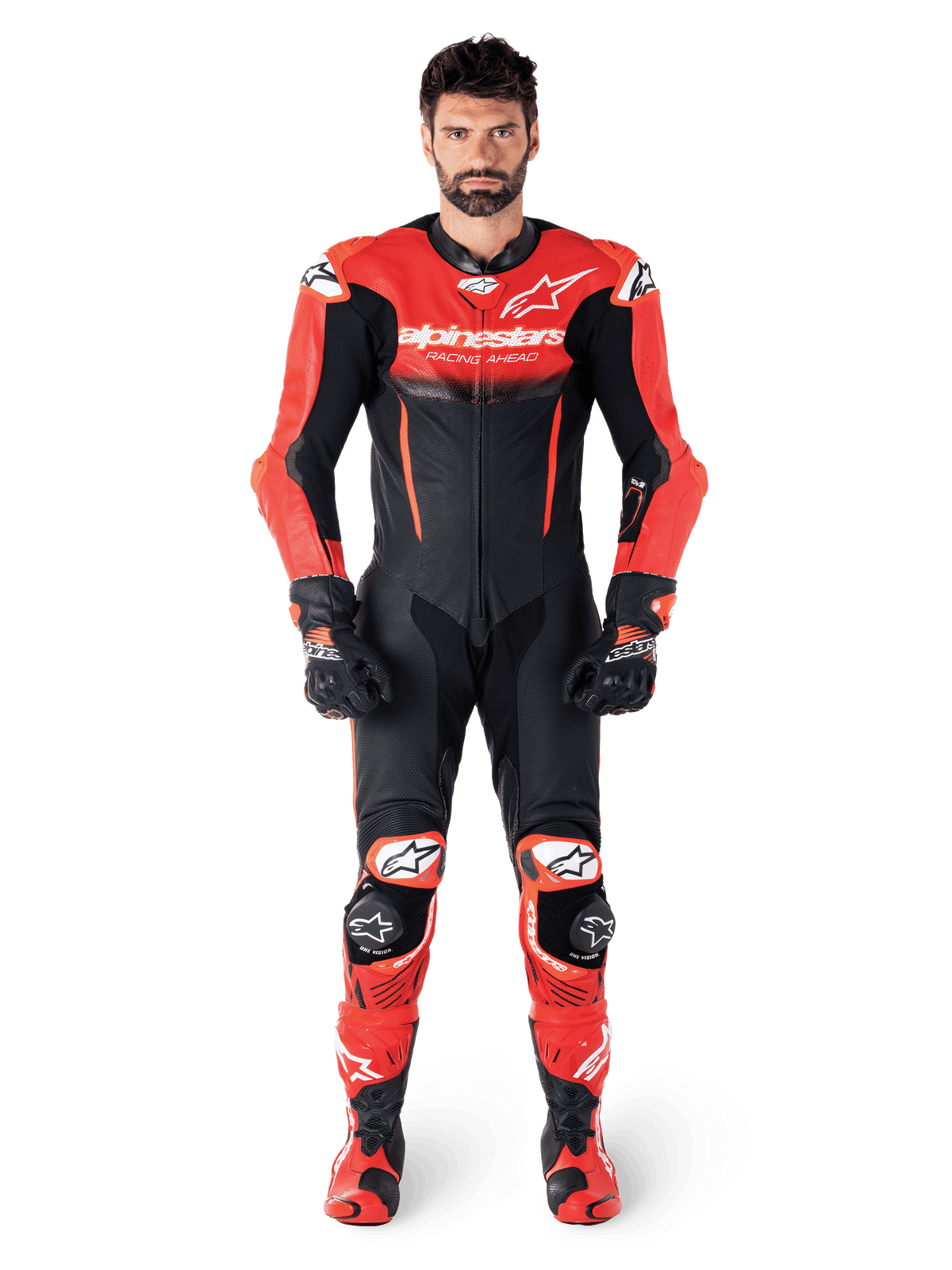 Alpinestars tuta in pelle GP-R7 1 pezzo, tuta da corsa da uomo, nero e rosso, pelle premium, vista frontale su modello.