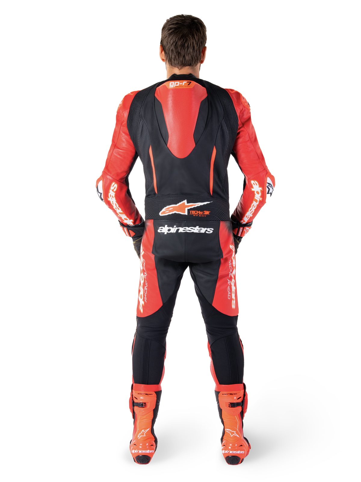 Alpinestars Tuta In Pelle GP-R7 1 Pezzo, tuta da moto racing da uomo, nero e rosso, vista posteriore con gobba aerodinamica, certificata CE AAA.