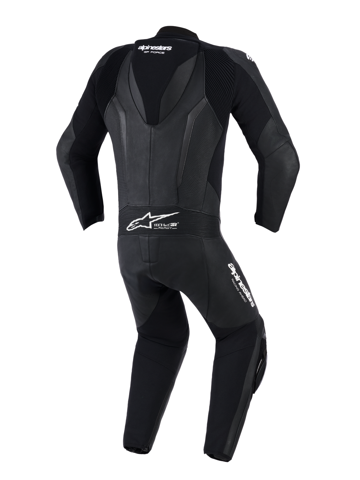Alpinestars GP Force V2 Leather Suit - 1Piece, nero, vista posteriore con gobba aerodinamica, pannelli in pelle traforata e zone elasticizzate a fisarmonica su spalle e parte bassa della schiena, logo Tech-Air Ready, attrezzatura professionale da pista e guida sportiva