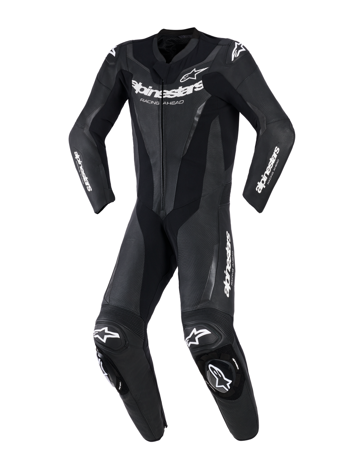 Alpinestars GP Force V2 Leather Suit - 1Piece, nera, tuta da corsa professionale monopezzo con logo Alpinestars bianco su petto e maniche, pannelli in pelle traforata per la ventilazione, inserti elasticizzati a fisarmonica e slider per le ginocchia integrati, vista frontale.