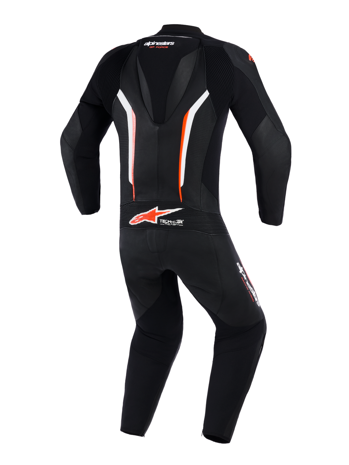 Alpinestars GP Force V2 Leather Suit 1-Piece, vista posteriore, nero bianco e rosso fluo, dotata di gobba aerodinamica, pannelli in pelle traforata per la ventilazione e logo Tech-Air Ready sulla parte bassa della schiena, abbigliamento professionale da moto.