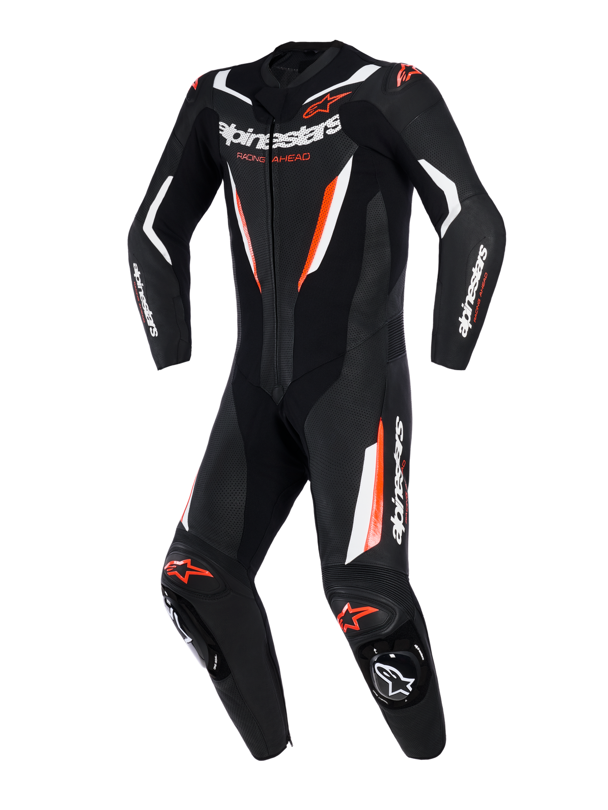 Tuta in pelle Alpinestars GP Force V2, tuta racing intera da moto, nero, bianco e rosso fluo, con pannelli in pelle traforata, accenti bianchi e rossi fluorescenti, marchio Alpinestars su petto e maniche, design professionale da pista