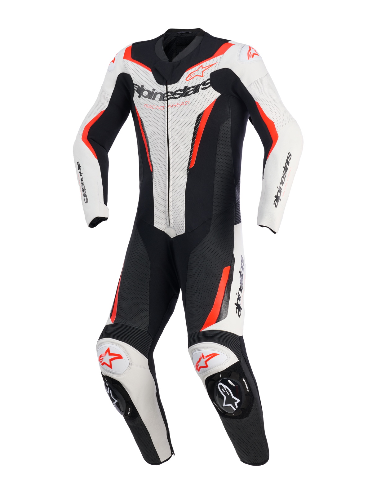 Alpinestars GP Force V2 Leather Suit - 1Piece, bianco, nero e rosso fluo, tuta da moto intera da competizione, vista frontale, con pannelli in pelle traforata, marchio Alpinestars sul petto e sulle spalle e slider per ginocchia integrati.