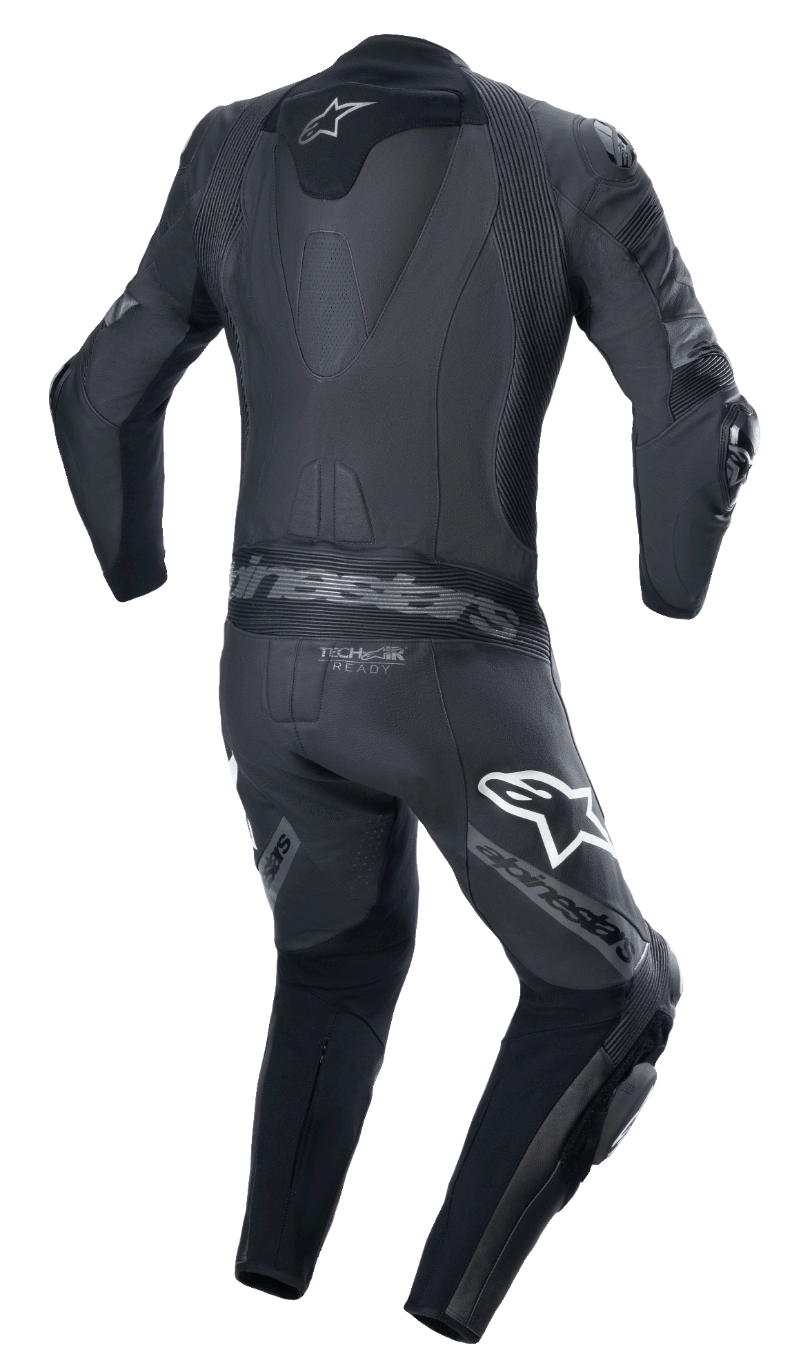 Tuta in pelle intera Alpinestars Missile V2 Ward, Nero Grigio Metallizzato, vista posteriore con gobba aerodinamica, pannelli elastici a fisarmonica sulla parte bassa della schiena e sulle spalle, loghi Alpinestars sulle cosce e logo Tech-Air Ready