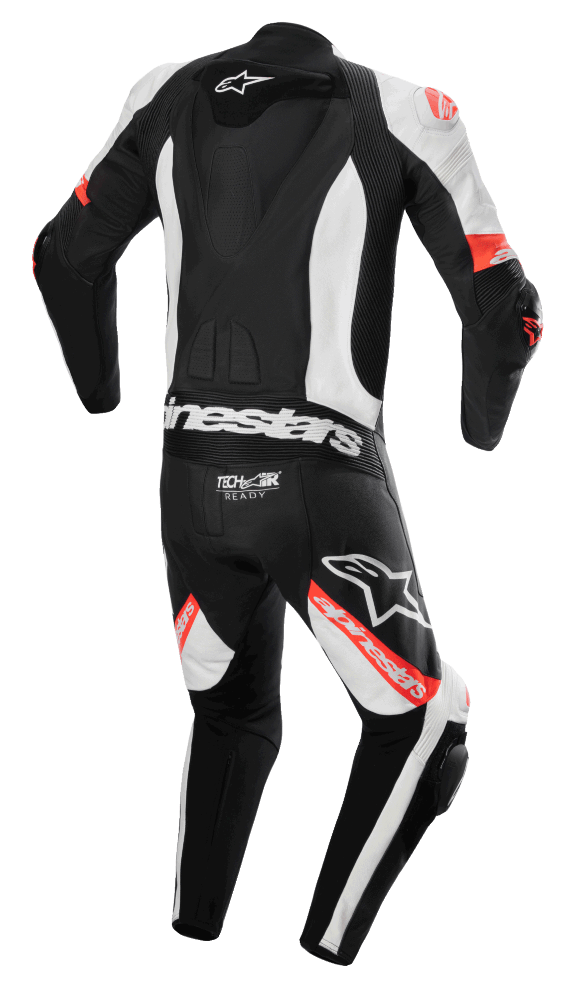 Tuta in pelle intera Alpinestars Missile V2 Ward, tuta da moto, nero, bianco e rosso fluo, vista posteriore con gobba aerodinamica, logo Tech-Air Ready sulla parte bassa della schiena, zone elasticizzate a fisarmonica e branding Alpinestars evidente su gambe e schiena
