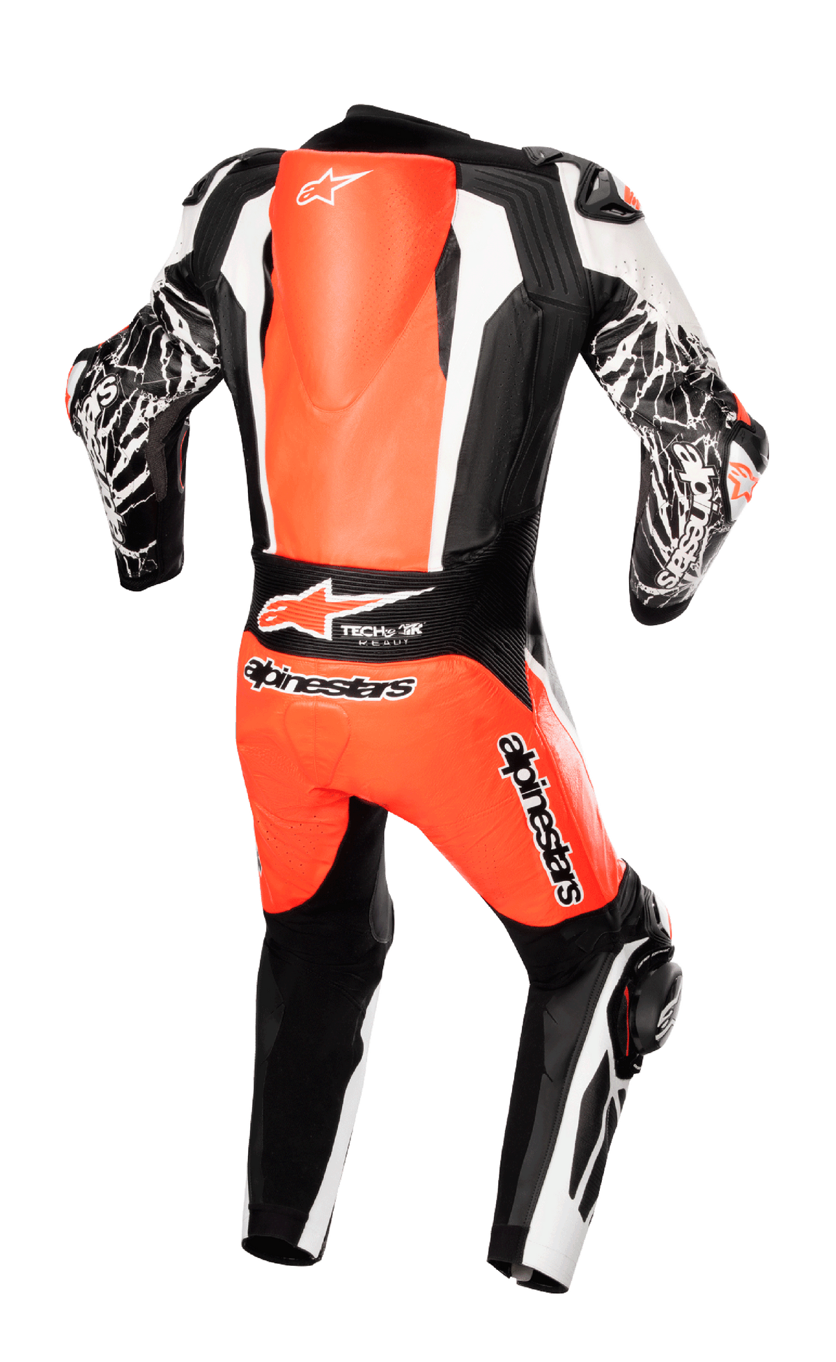 Alpinestars Racing Absolute V2 One Piece Leather Suit, vista posteriore, rosso fluo bianco e nero, con gobba aerodinamica, marchio Tech-Air Ready e grafiche effetto marmo sulle maniche, abbigliamento professionale per gare motociclistiche