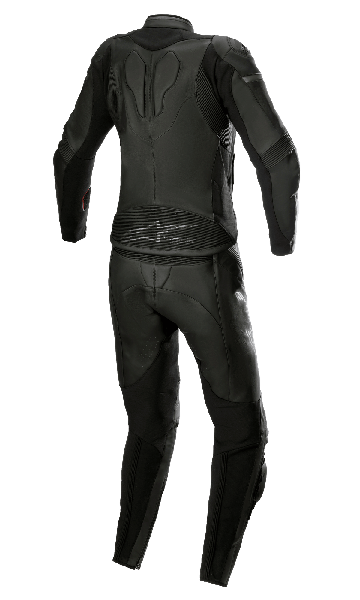 Alpinestars Stella GP Plus 2-Piece Leather Suit da donna, Black Metallic Gray, vista posteriore che mostra il design aerodinamico con pannelli a soffietto elasticizzati, costruzione protettiva in pelle e marchio Alpinestars sulla parte bassa della schiena, specificamente progettata per una vestibilità racing femminile.